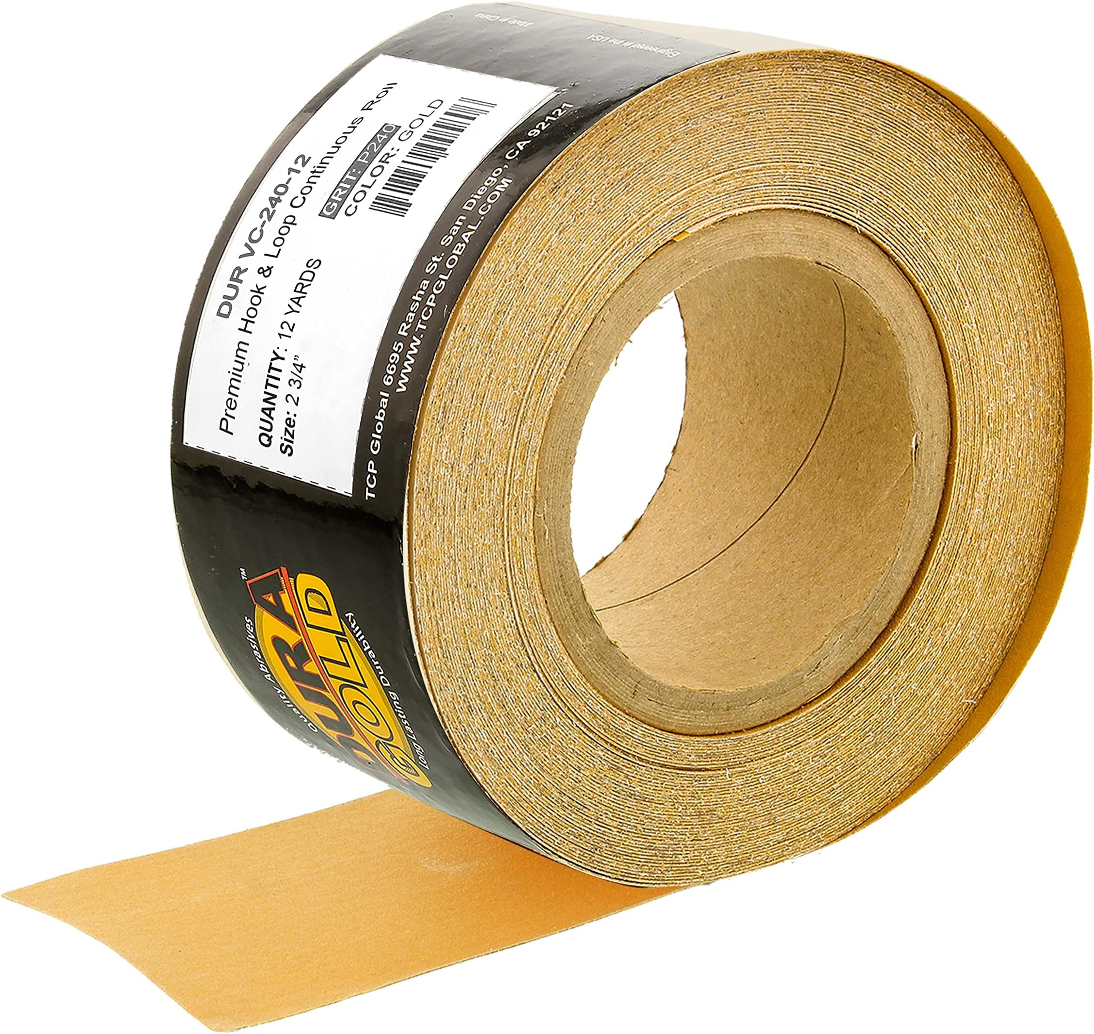 Dura-Gold Premium - 240 Grit Gold - Hook & Loop Backing Longboard Continuous Sandpaper Roll, 2-3/4" Wide, 12 Yards Long - for Automotive & Woodworking Air File Long Board Sanders, Hand Sanding Blocks