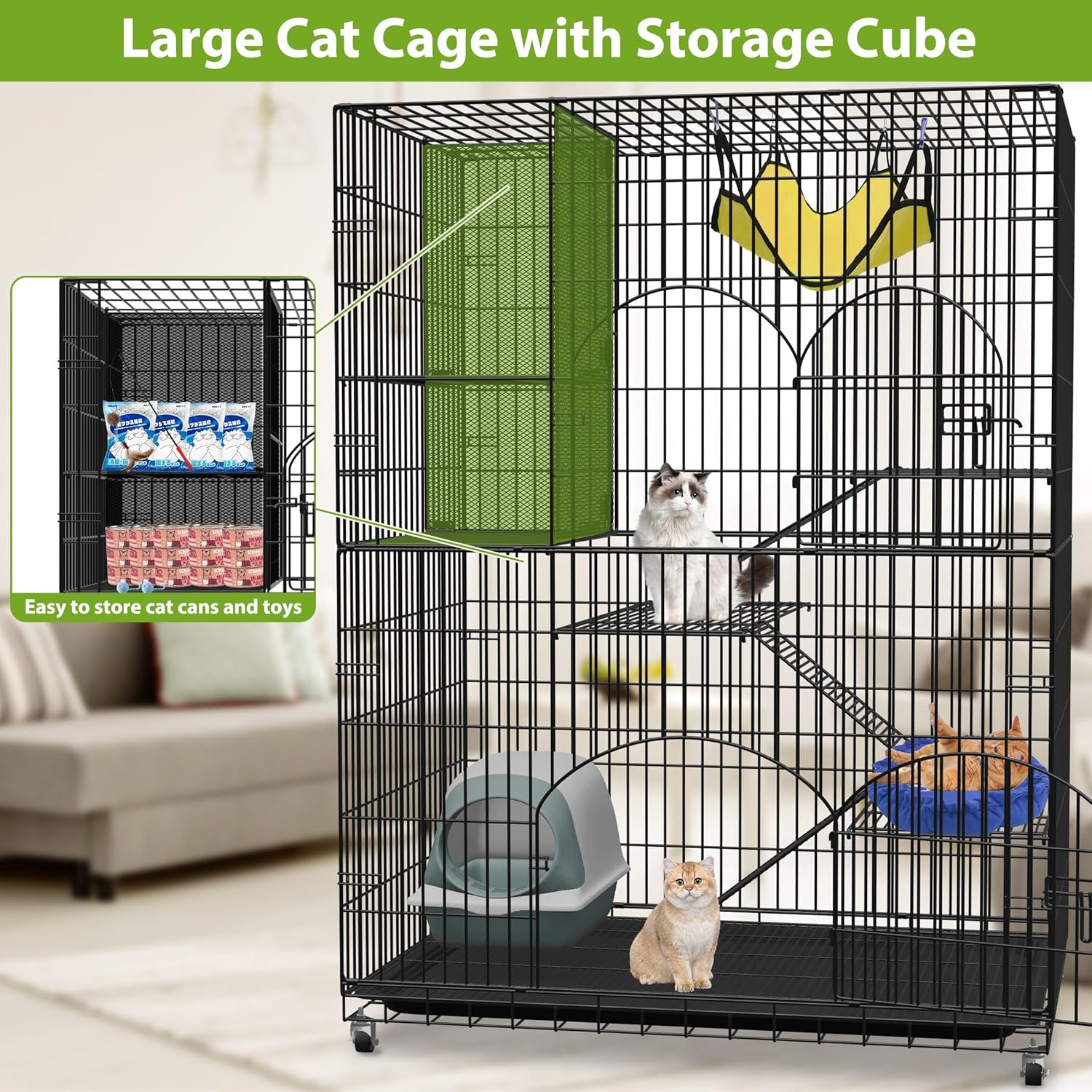 Extra Large Cat Cage Indoor, 4-Tier Indoor Cat Enclosure with Storage Cube Large Exercise Cat Playpen with Wheels Foldable Metal Wire Cat Kennel with Large Door for 4-6 Cats