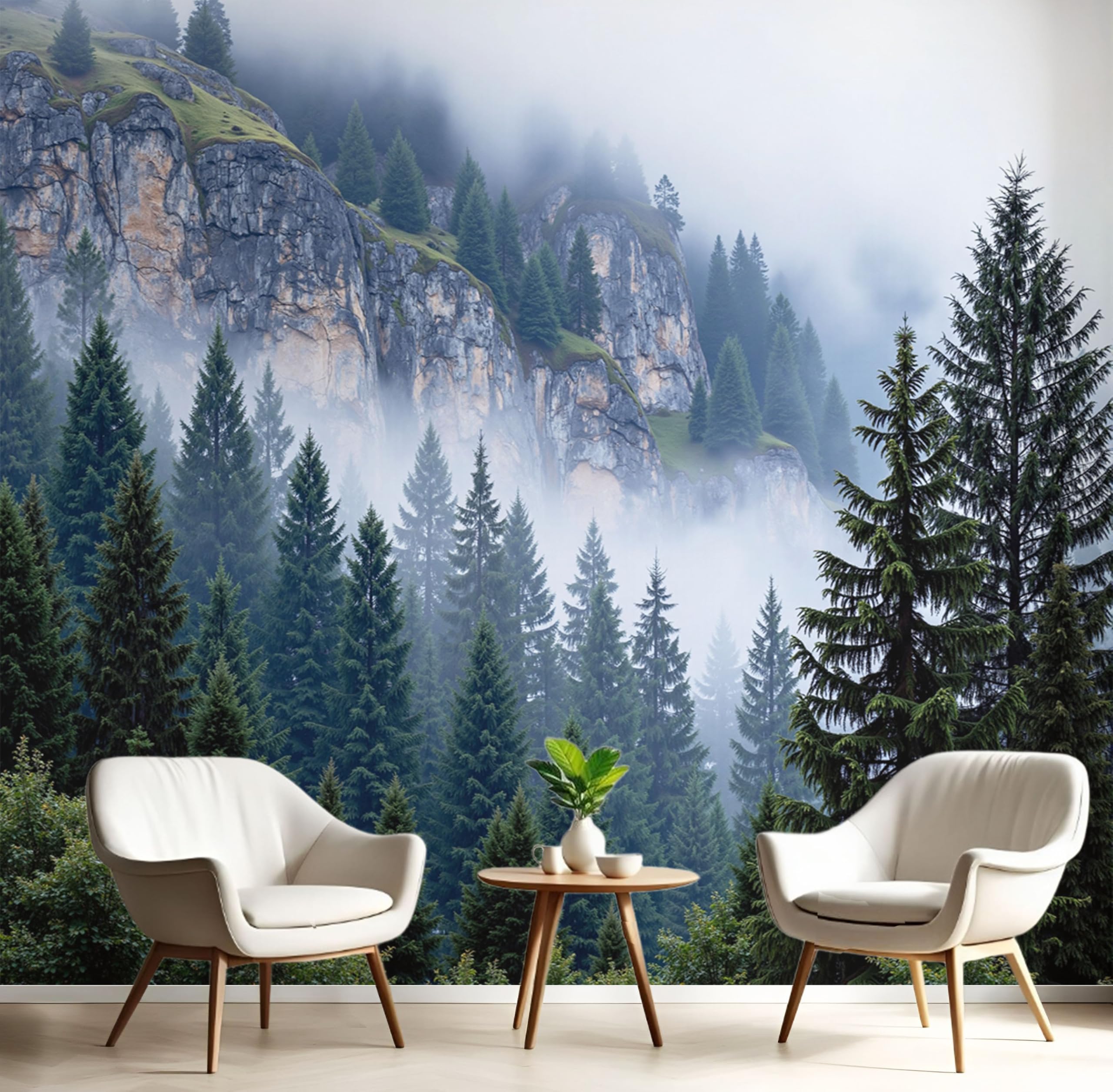 Papier Peint Panoramique Forêt Brumeuse Vert Foncé 350x256cm Soie