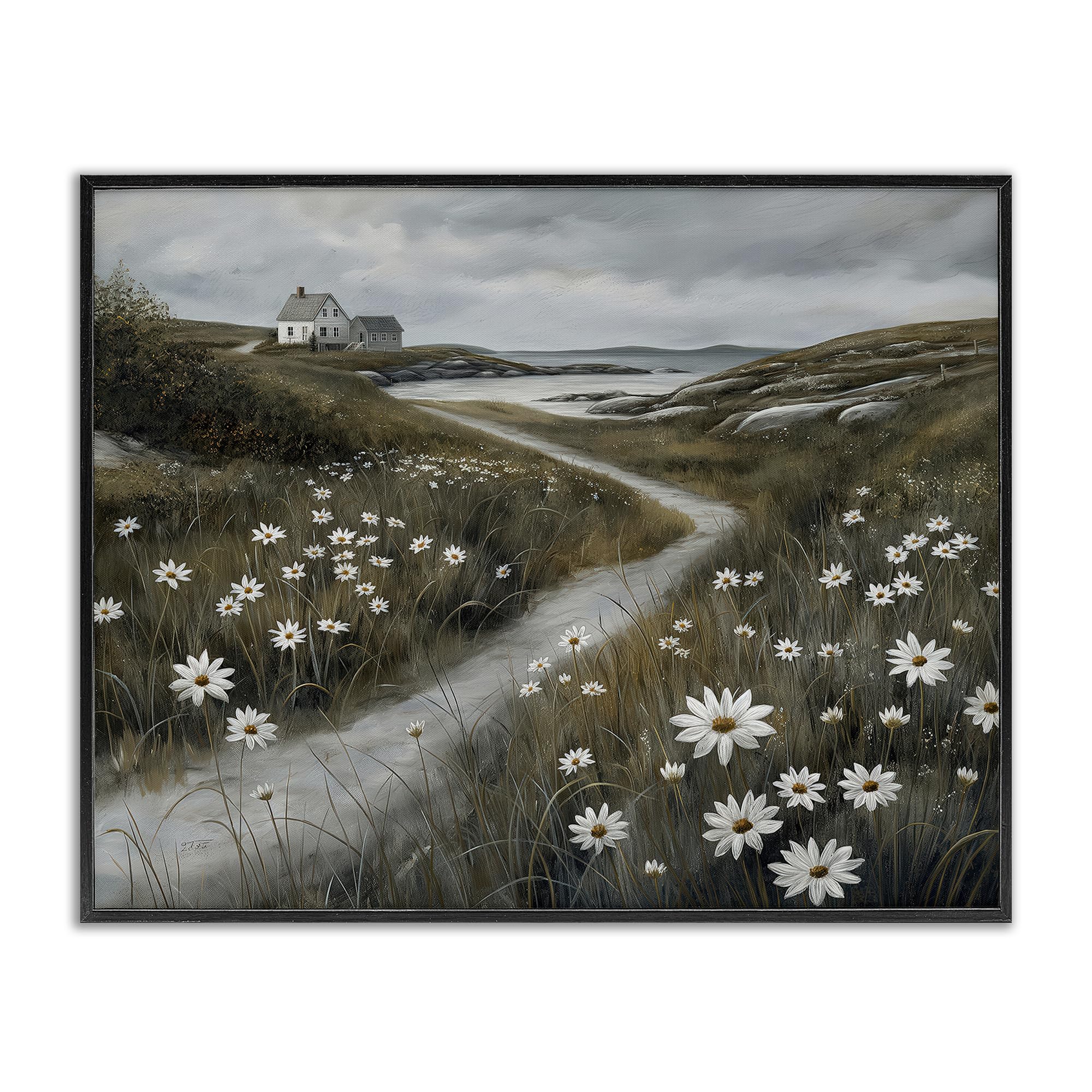 Stupell Industries Coastal Daisy Pathway Wall Art for Living Room, Greyscale Floral Landscape, 24 x 30 Inch Framed Giclée Print, by Imagine It Images, Made in USA Gift