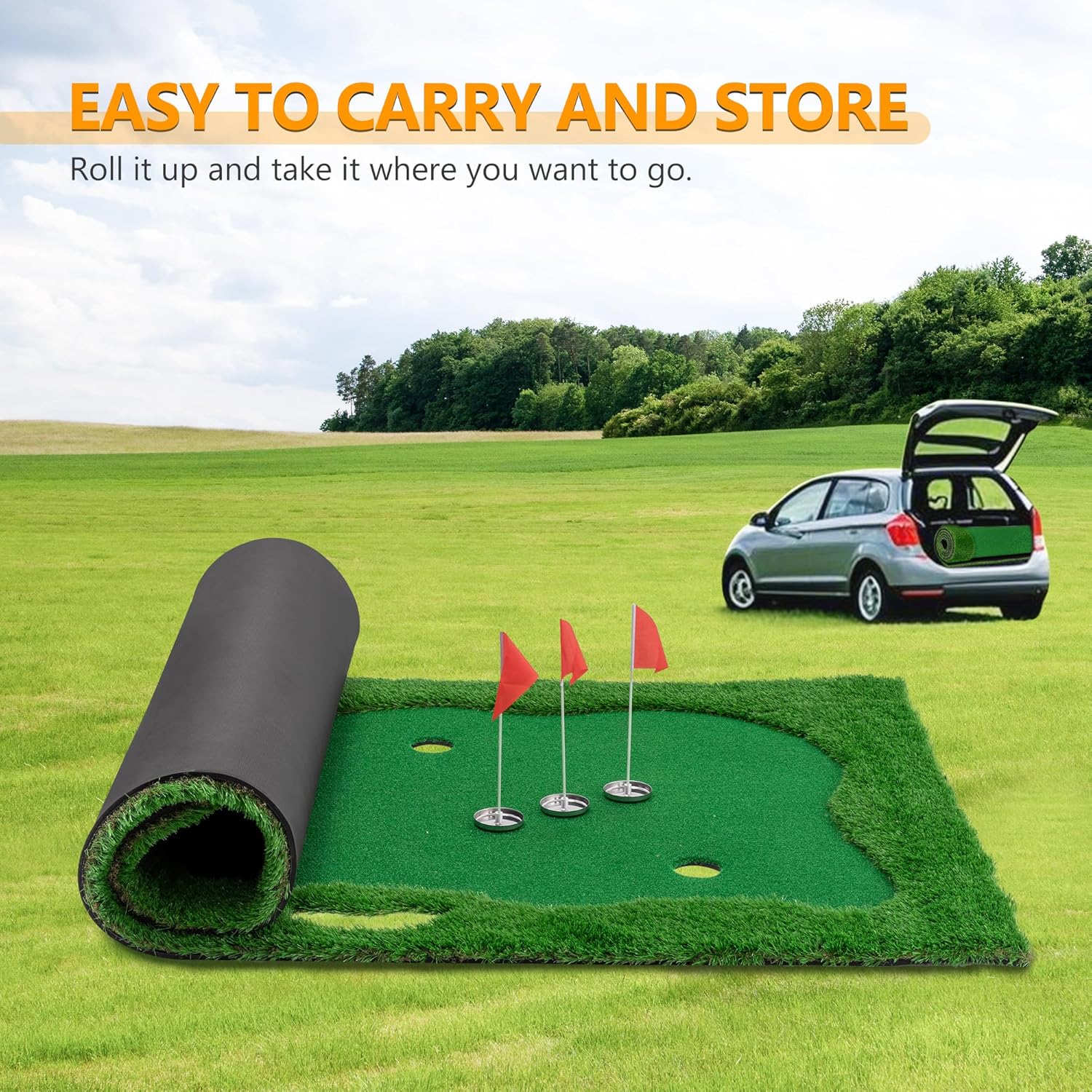 10 x 5 FT Golf Putting Green Mat with 3 Holes & Flags - Premium Practice Turf, Non-Slip Base, Slope Pads & 6 Balls - Indoor/Outdoor Training for All Golfers