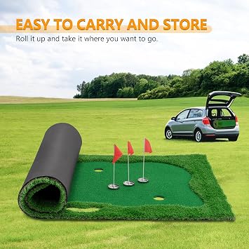 10 x 5FT Golf Putting Green Mat with 3 Holes & Flags, Premium Realistic Turf for Indoor & Outdoor, Non-Slip Base, Slope Pads & Practice Balls Included