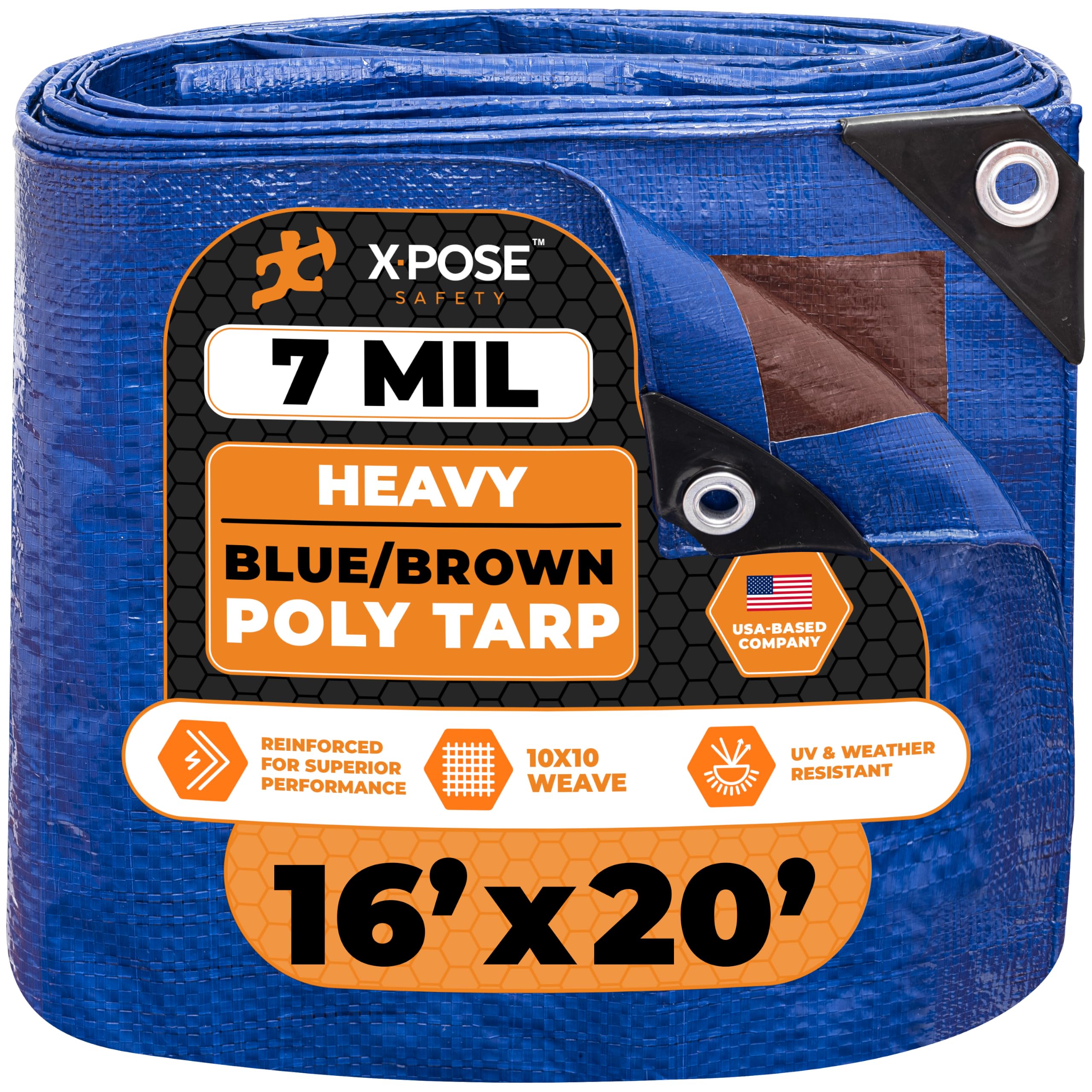 Xpose Safety 16’ x 20’ Heavy Blue/Brown Tarp - Waterproof - 7 Mil Weatherproof Camping Tarp for Tent, Rain, Wind &amp; Sun - Plastic Tarpaulin Cover Outdoor for Roof, Trailer, RV, Car, Boat