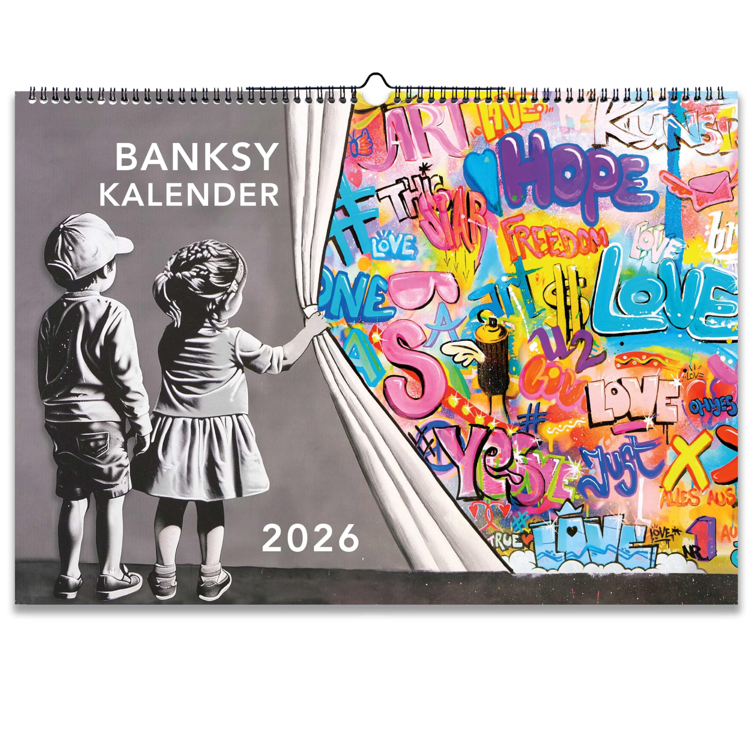 Banksy Bilder Kalender 2027 A2 Quer Junge, Wandkalender in XXl Format mit den schönsten street art Bildern - Jahreskalender 2027 Banksys Wohnzimmerkalender Bürokalender (Streetart)