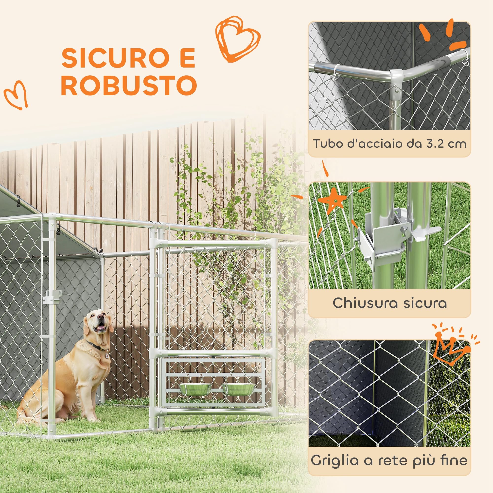 PawHut Kennel Clôture pour chiens d'extérieur avec toit anti-UV imperméable et bols rotatifs, boîte de rangement pour chiens de taille moyenne et grande avec porte avec verrouillage en acier, 400 x