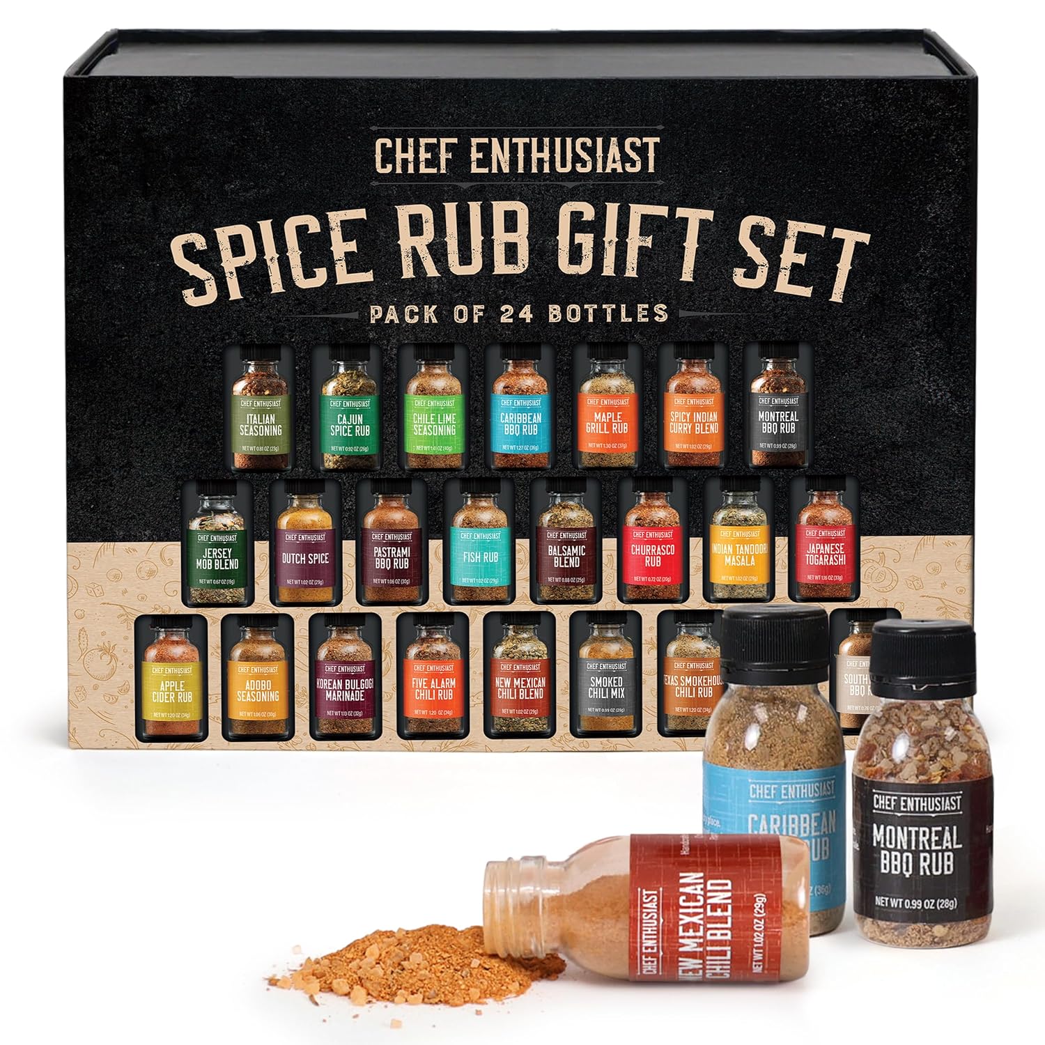 Holiday Gift Grilling Spices & Seasoning Set - 24 Unique Gourmet BBQ Spice Rub Sampler (Kosher) - Gift Set for Birthday, Anniversary, Men, Dads, Husbands - By Chef Enthusiasts