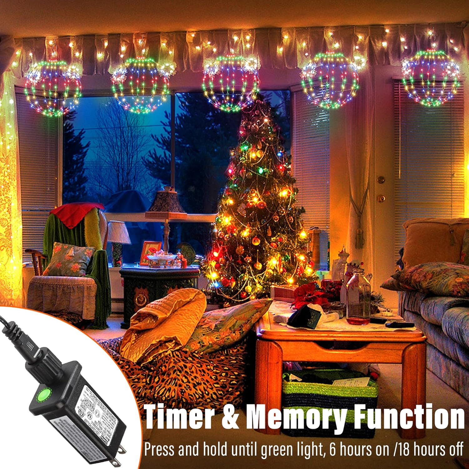 Flacchi Set of 2 Christmas Hanging Ball Lights - 2 Sizes of Connectable Hanging Tree Globe Fairy Lights with 8 Lighting Modes,Timing Function Waterproof Indoor Outdoor (Multicolor)