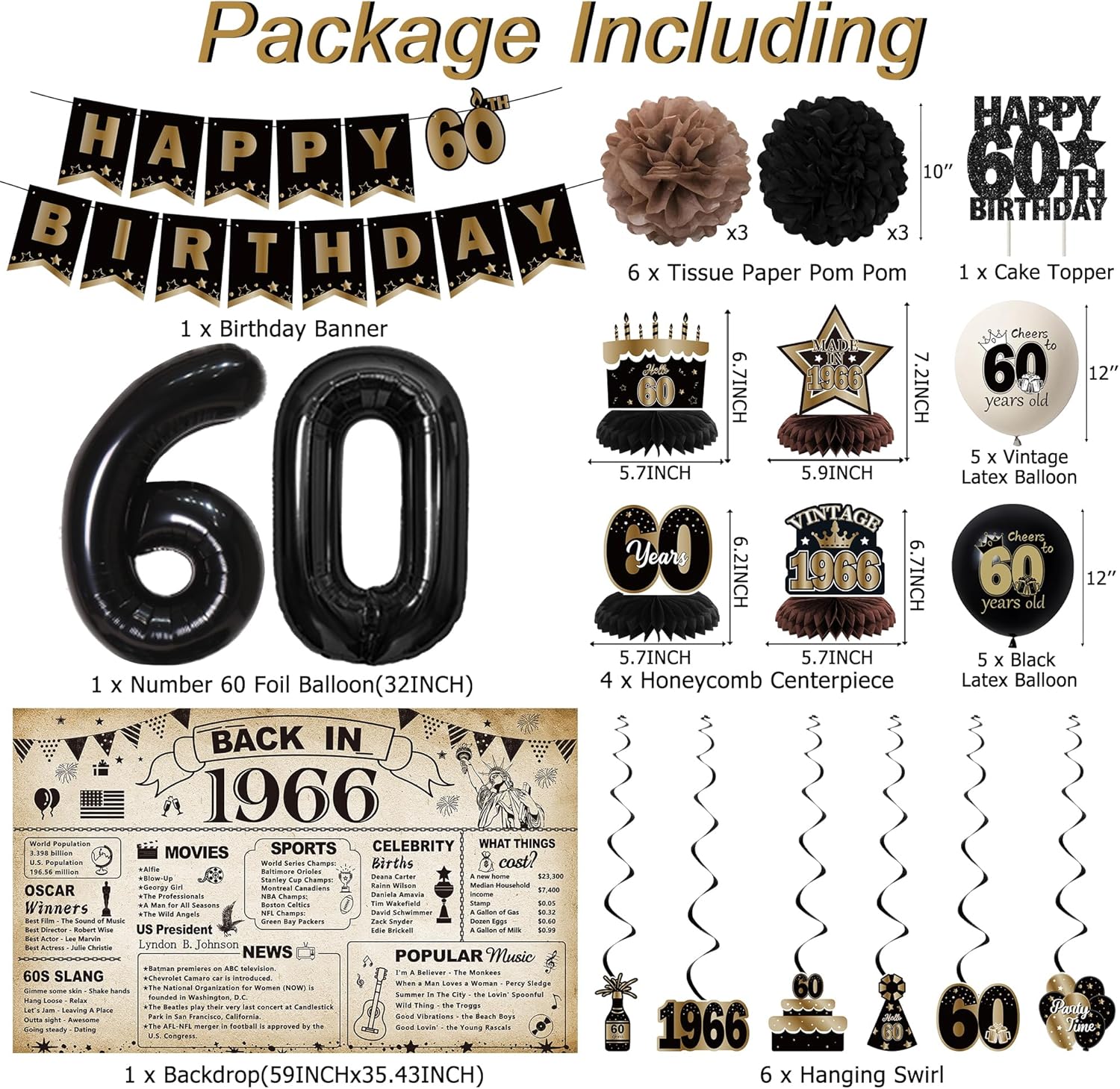 DARUNAXY 60th Birthday Party Decorations for Men Women, Vintage Back in 1966 Banner, Black 60 Number Balloons & Cake Topper, Vintage 1966 60 Birthday Honeycomb Hanging Swirl Confetti Balloons(30PC)