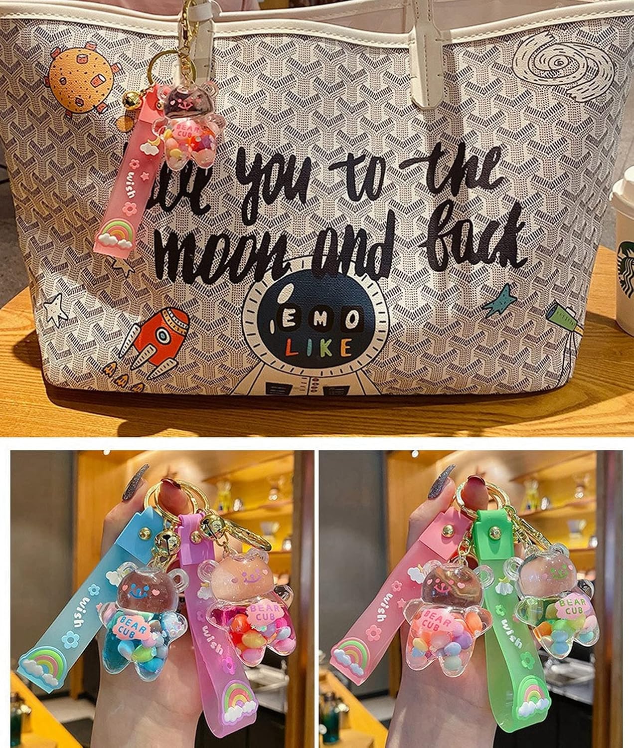 Kawaii Keychain Bear Liquid Floating Quicksand Cute Keychains Bag Charm Wristlet Bracelet Key Ring for Women Girl