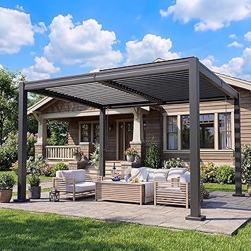 10x12 FT Outdoor Louvered Pergola, Hardtop Gazebo with 2 Independent Adjustable Roofs and Drainage System, Metal Patio Pavilion for Deck, Garden, Dark Gray