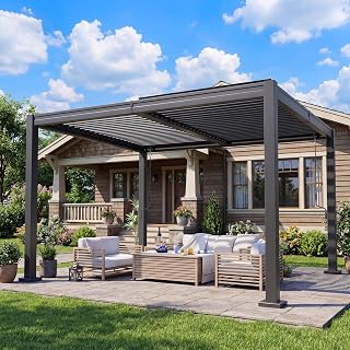 10x12 FT Outdoor Louvered Pergola Dark Grey | Hardtop Gazebo with 2 Independent Adjustable Roofs and Drainage System, Metal Patio Pavilion for Deck, Garden