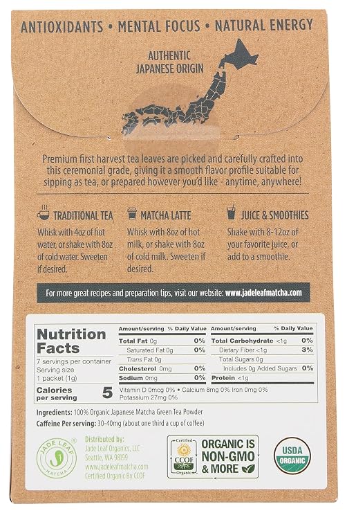 Jade Leaf Matcha, Matcha Japanese Ceremonial Grade Organic, 7 Count, 7 Gram