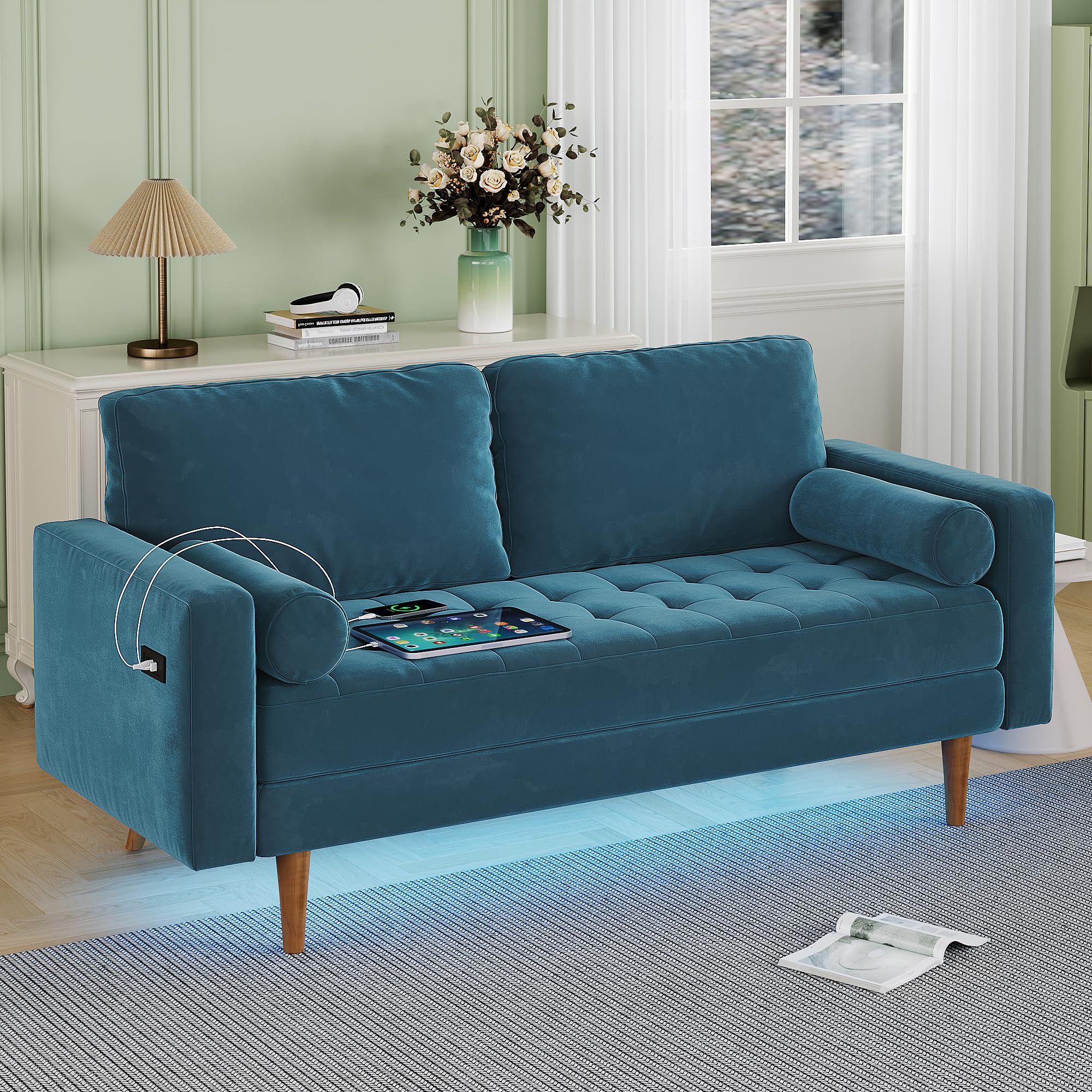 67" W Velvet Loveseat Sofa with Charging Station, Mid Century Modern Love Seat with 2 Cylindrical Pillows, Small Futon Couches for Small Spaces, Living Room, Bedroom (Blue)