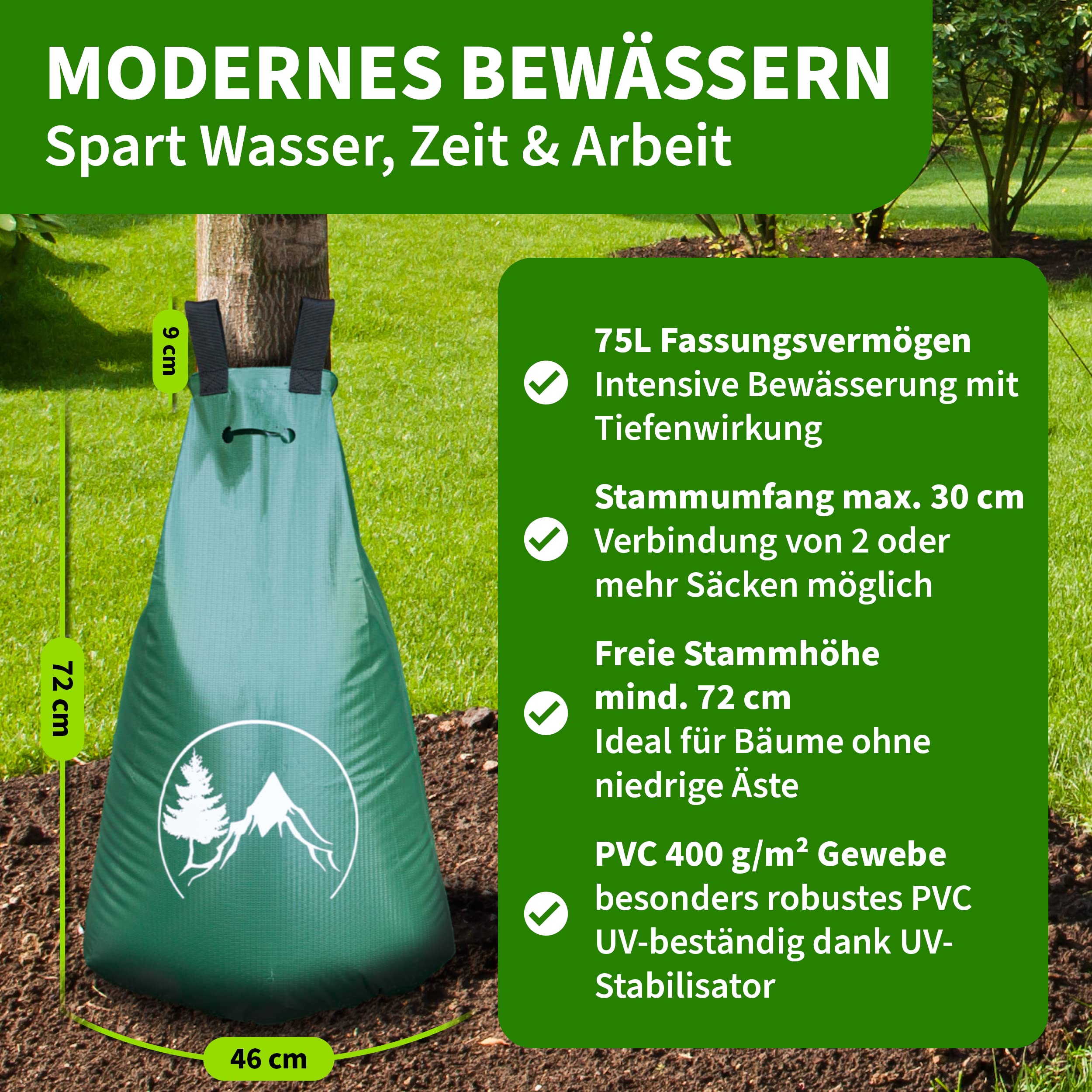 TTL GARDEN 10x 75L Baum Bewässerungssack - 400g/m² PVC robust & UV-stabil | - 10er Set 75 Liter Wassersack Baumbeutel 75 Liter Tröpfchenbewässerung für Bäume - Giesssack Wasserbeutel Bewässerungssystem