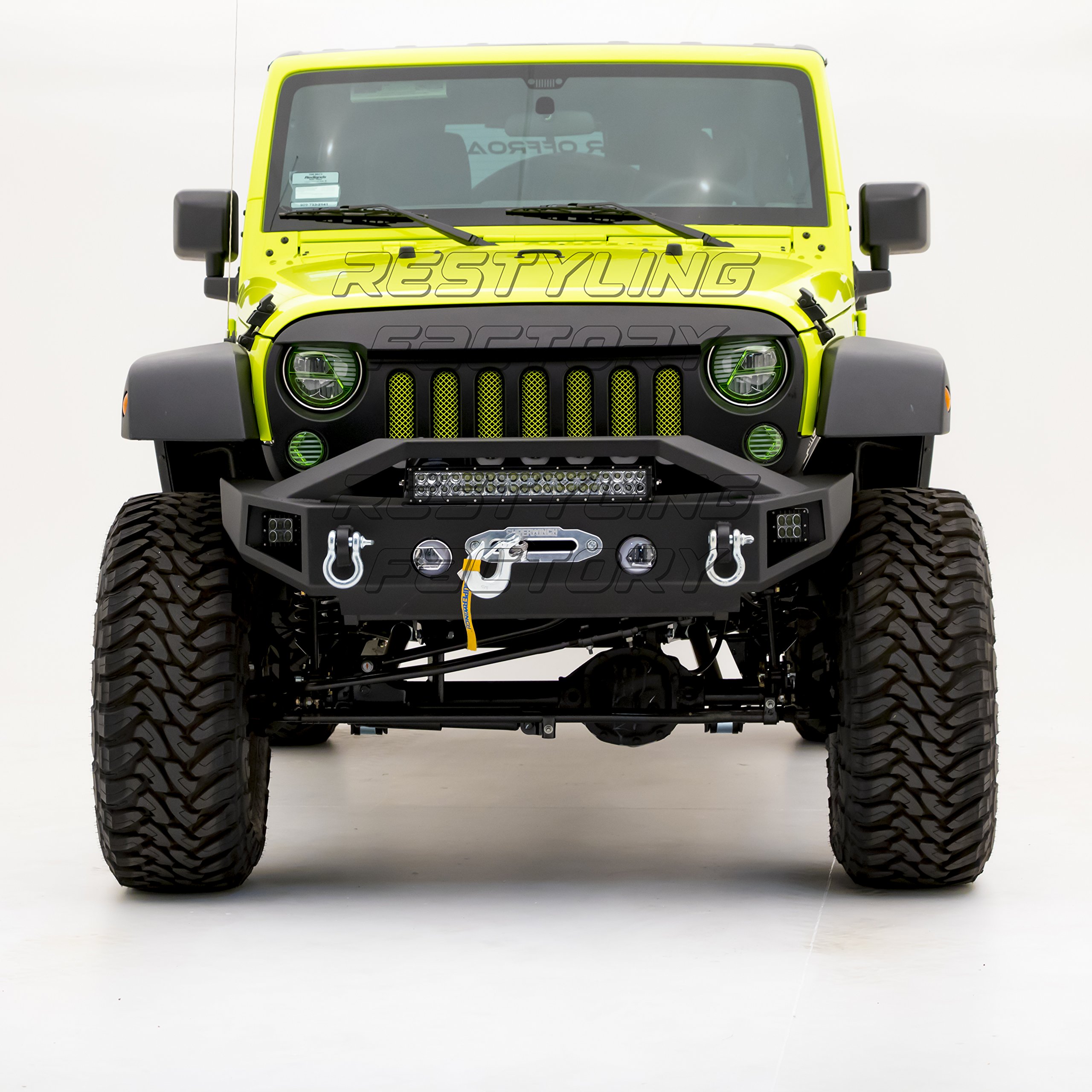 Restyling FactoryBlack Textured Rock Crawler Stubby Front Bumper with OE Fog Light Hole, with 21" LED Light bar & 2x LED Light, Winch Mount Plate for 07-17 Jeep Wrangler JK