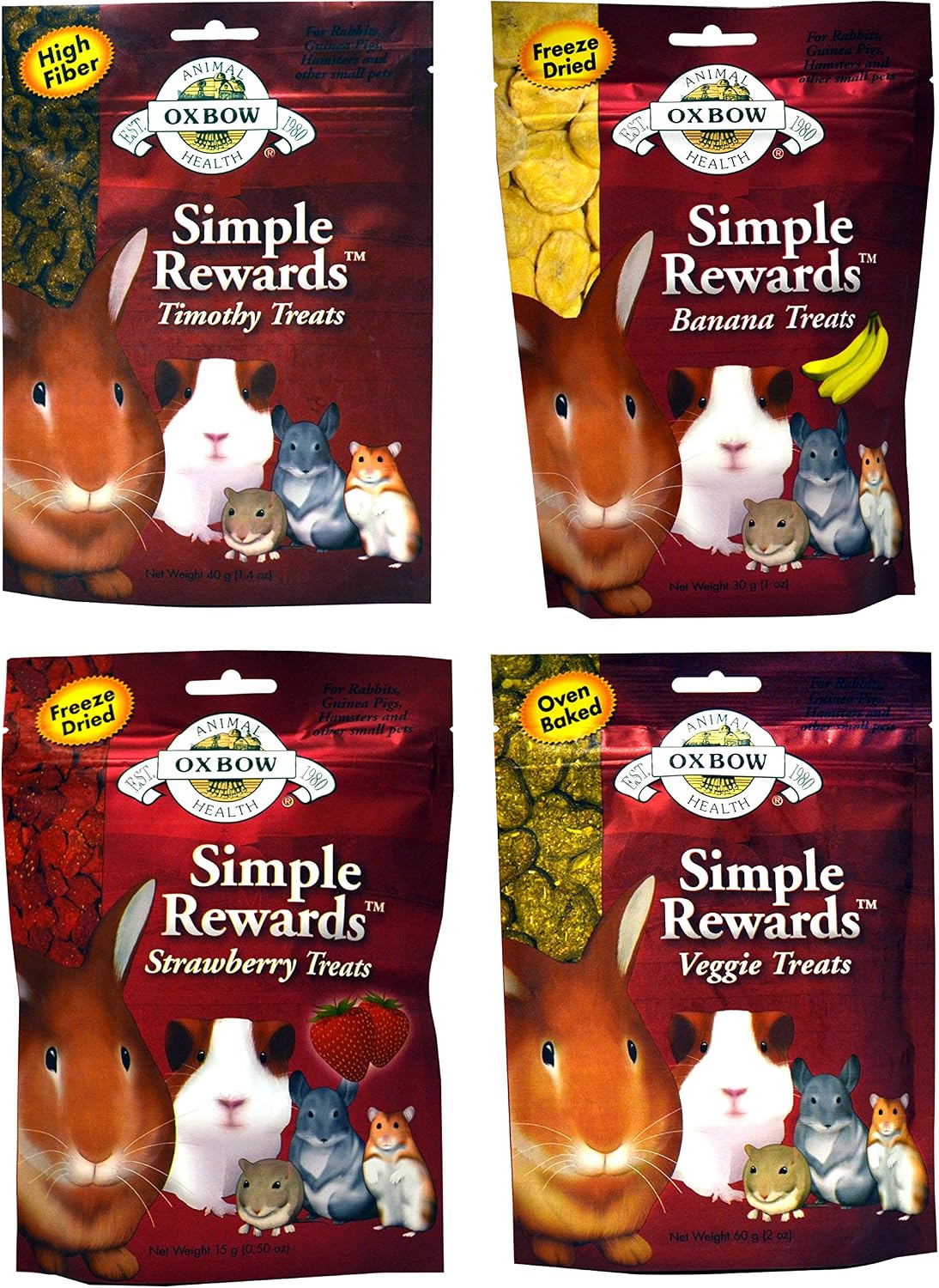 Oxbow Simple Rewards Treats for Rabbits, Guinea Pigs, and Hamsters Variety Pack - 4 Flavors (Timothy, Banana, Strawberry, and Veggie…