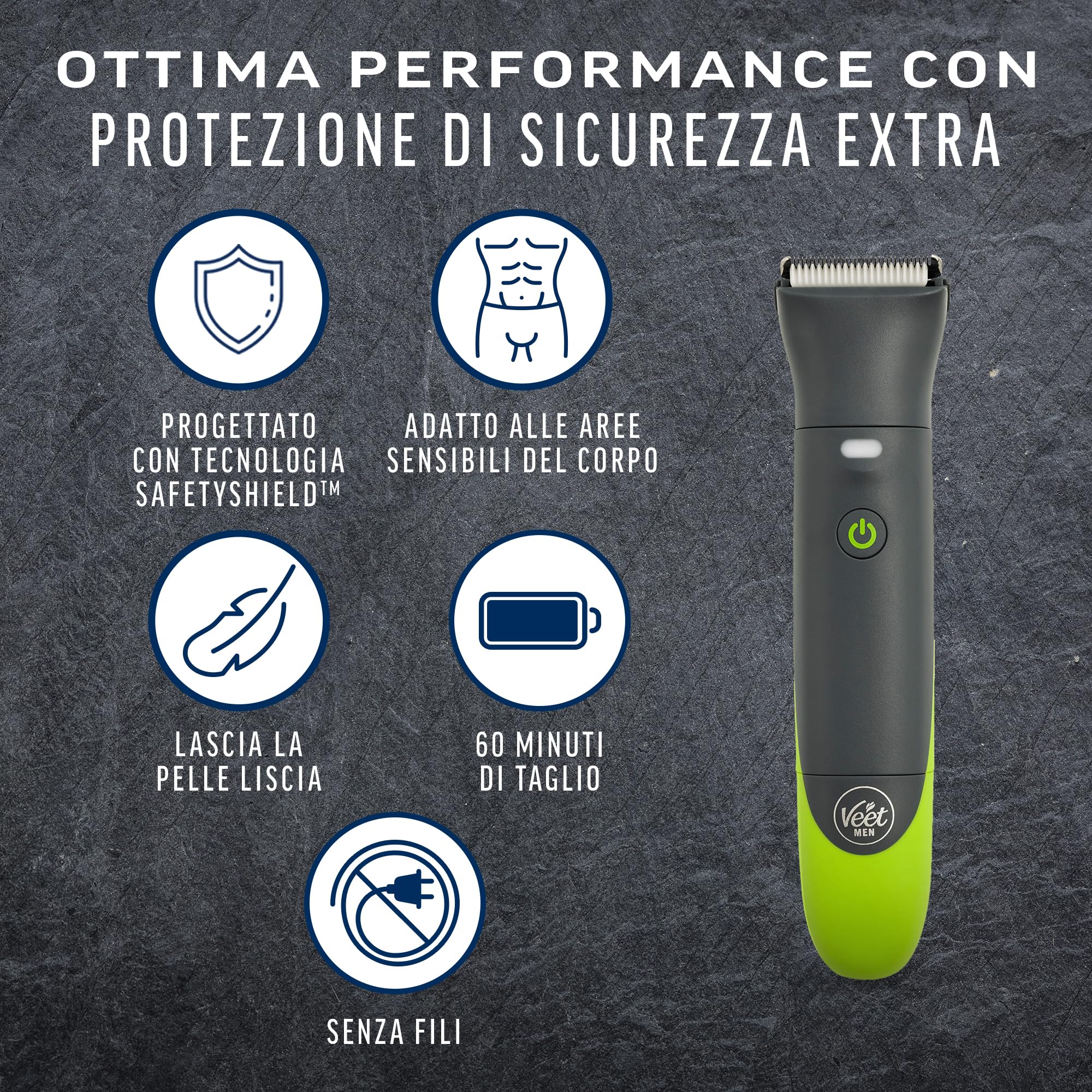 Veet Men Intimate Trimmer TOTAL PROTM, Rasoio elettrico uomo corpo e parti intime, 1 testina per zona intima e corpo e 2 pettini guida, Rifinitura precisa, Cordless + Crema 200 ml Pelli Sensibili