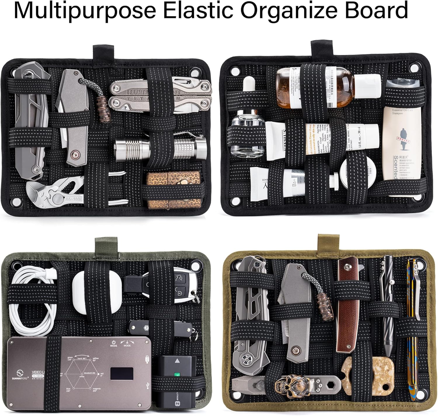 TACTICAL_GEEK TCM EDC Organizer Board, Backpack Anti-Slip Elastic Woven Board for Travel Gear, Elastic Grid Organizer for Electronics Accessories Travel Cables Chargers and More Black