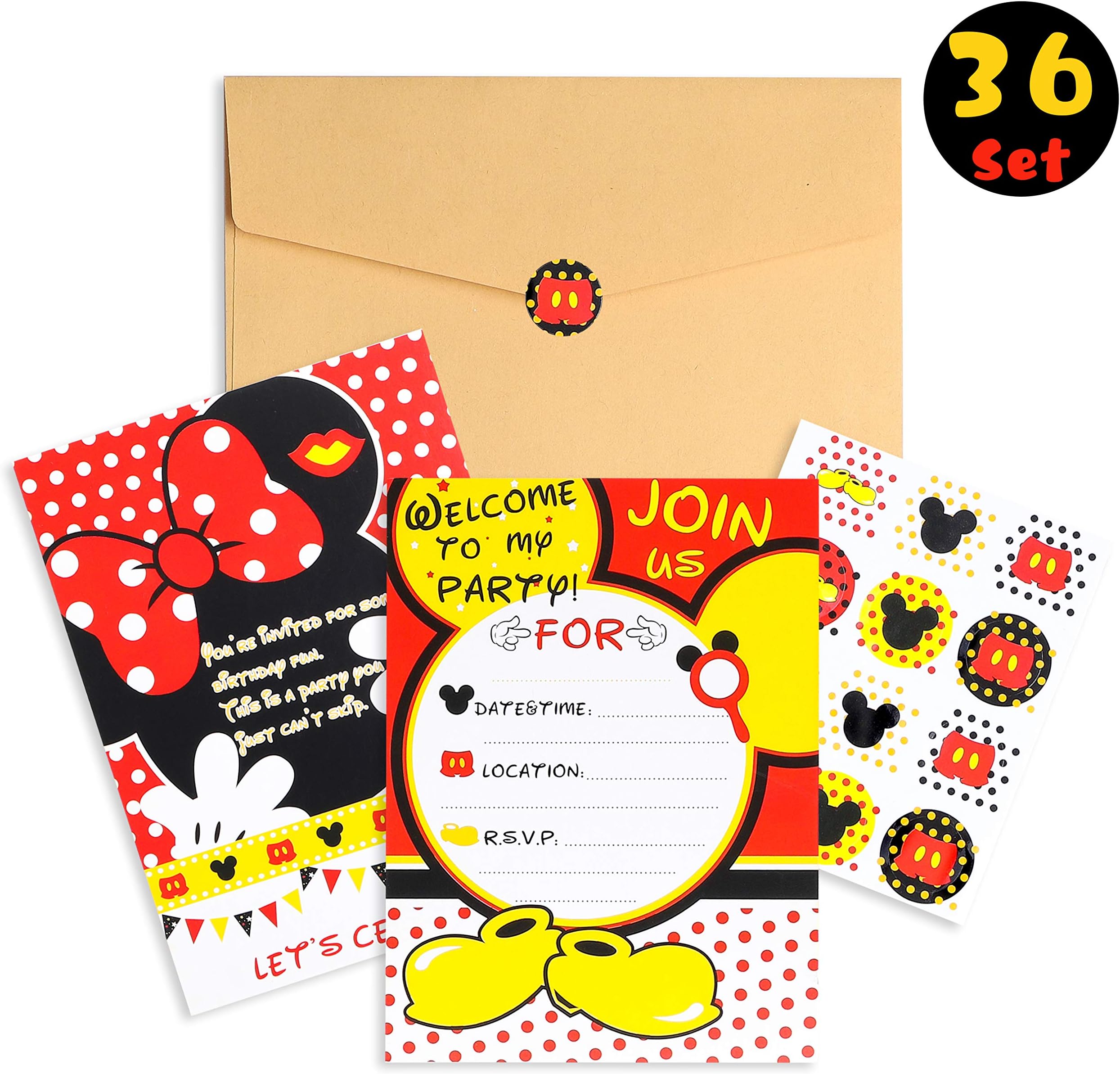 PANTIDE 36Pcs Mickey Minnie Party Invitation Cards for Kids Birthday with Envelopes and Mickey Stickers-5.90"x4.30" Double Sided Printed,Fill-in the Blank,Mickey Party Supplies Party Favor