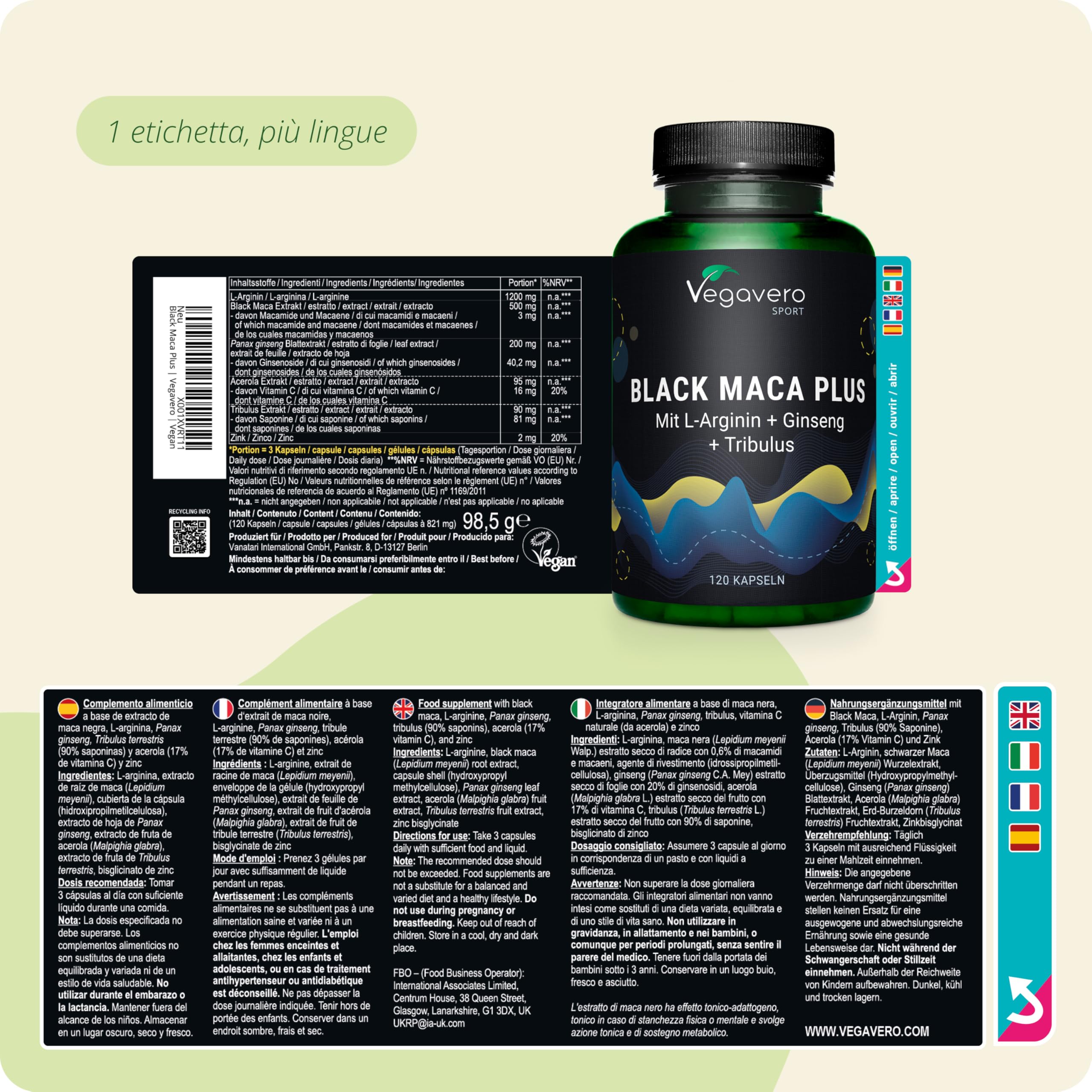 Maca Nera Complex | con L-arginina + Ginseng + Tribulus + Zinco | Integratori Sport Pre-workout | 120 capsule | Vegan | Senza Additivi | Vegavero