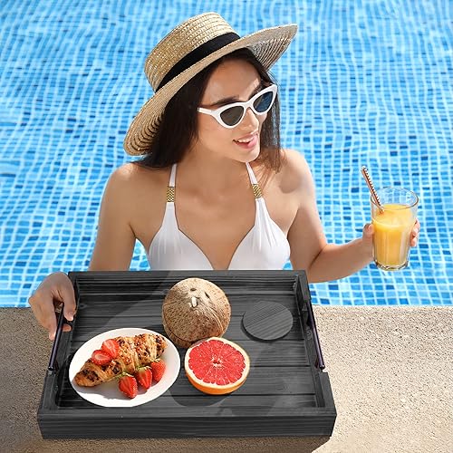 Miniatura 5 de Bandeja decorativa para mesa de café con asas, bandeja de madera de 17 x 13 pulgadas para otomana, desayuno