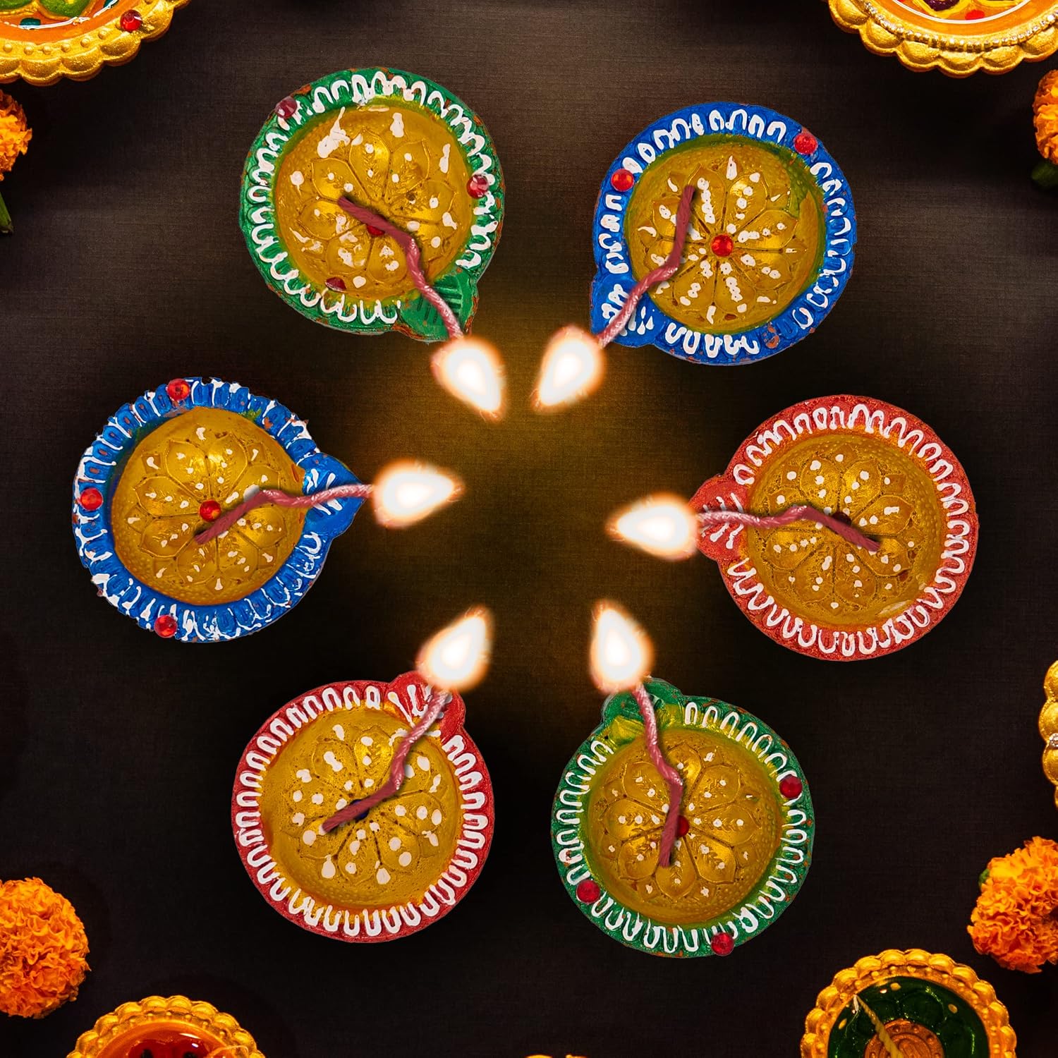 Earthen Diya Handmade Clay Terracotta Diwali Diya Tea Light Holder for Pooja Deepak Decoration Deepam Decorative Lighting Accessories Traditional Indian Festival Décor (Circle Shape - Set of 6)