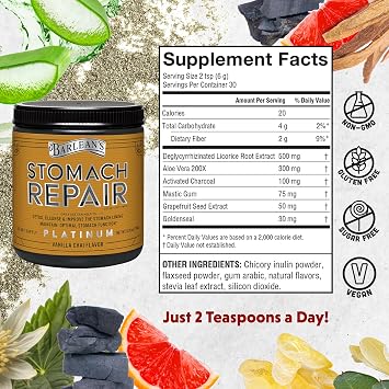 Barlean's Stomach Repair Gut Health Powder Supplement, Fiber and Digestive Support Supplements Blend for Detox and Cleanse, Vanilla Chai Drink Mix, 6.35 oz
