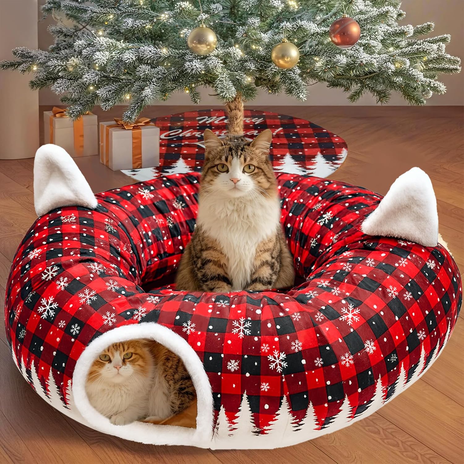 Cat Tunnel Christmas Tree Skirt, Cat Tunnel Bed with Hanging Toy Ball, Black Red Buffalo Plaid Cat Cave Donut Christmas Decorations, Foldable Kitty Tunnel for Indoor Kittens Small Animall