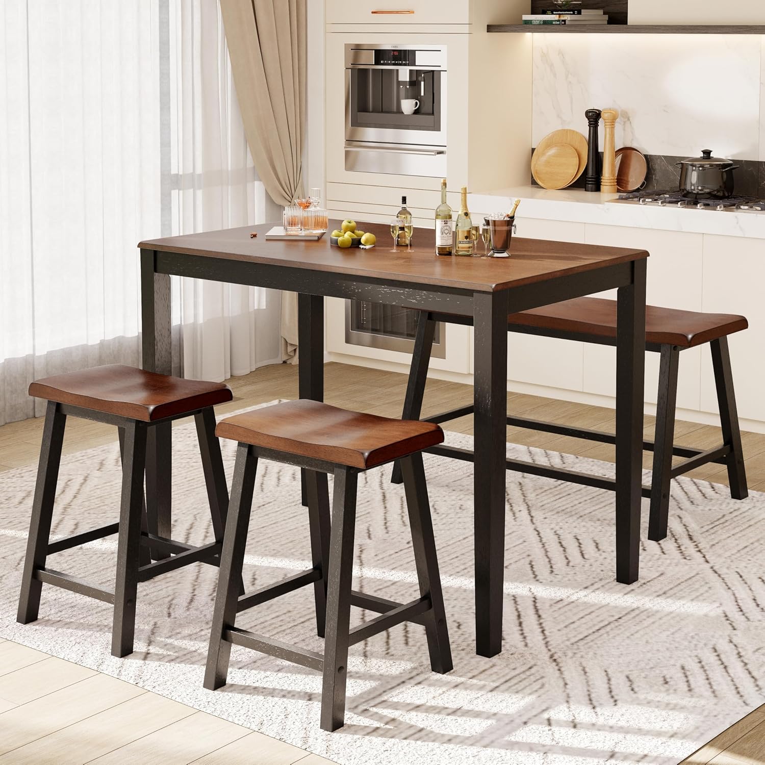 PHI VILLA Counter Height Dining Table Set for 4 - Solid Rubber Wood Farmhouse Kitchen Table with Bench & Chairs, Walnut & Black