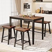 PHI VILLA Counter Height Dining Table Set for 4 - Solid Rubber Wood Farmhouse Kitchen Table with Bench & Chairs, Walnut & Black