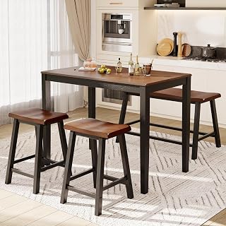 PHI VILLA Counter Height Dining Table Set for 4 - Solid Rubber Wood Farmhouse Kitchen Table with Bench & Chairs, Walnut & Black