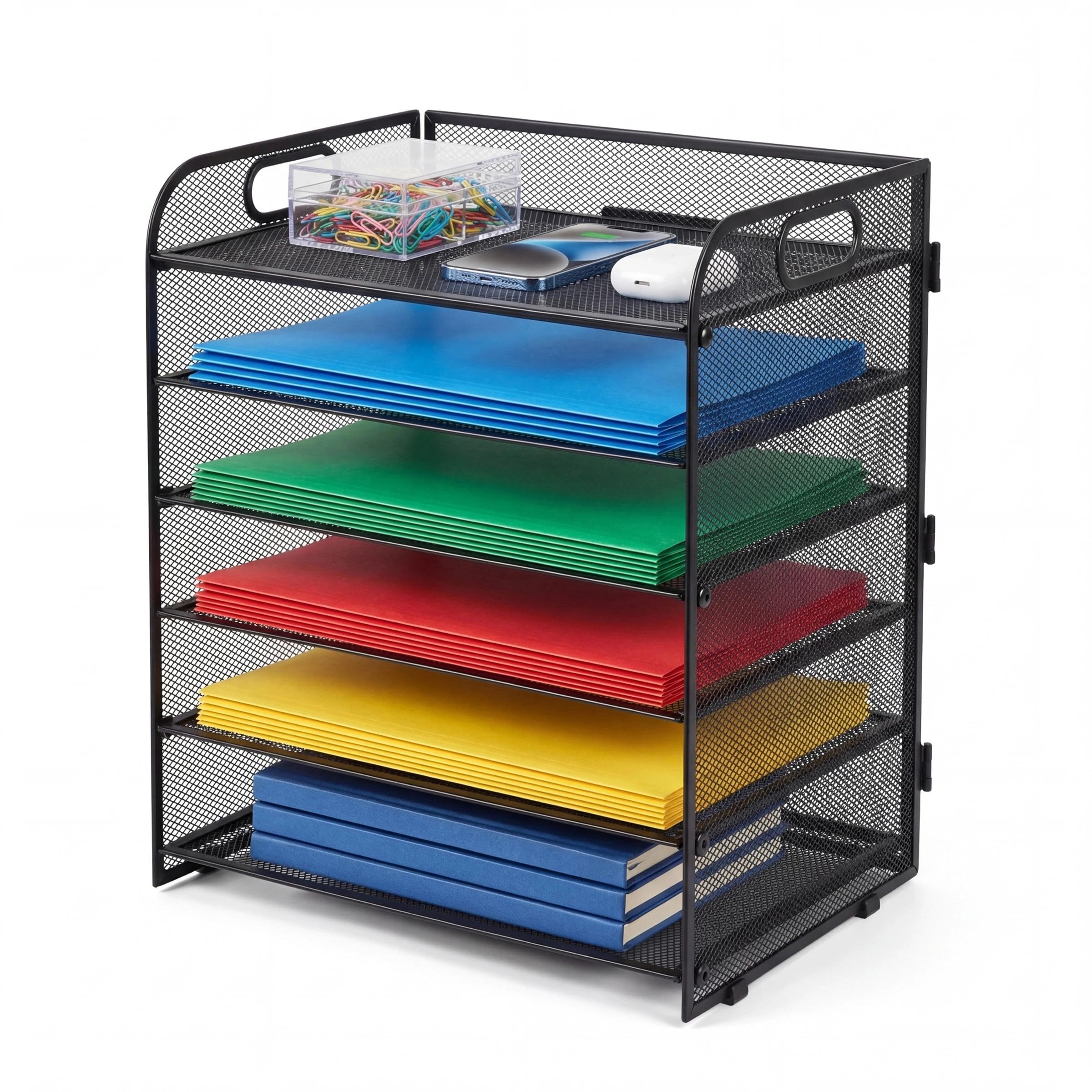 6 Tier Desk Organiser, Large Capacity Multi Functional Letter Paper Tray, Mesh Paper Organiser with Handle, Desktop Organiser for Home, Office & Classroom