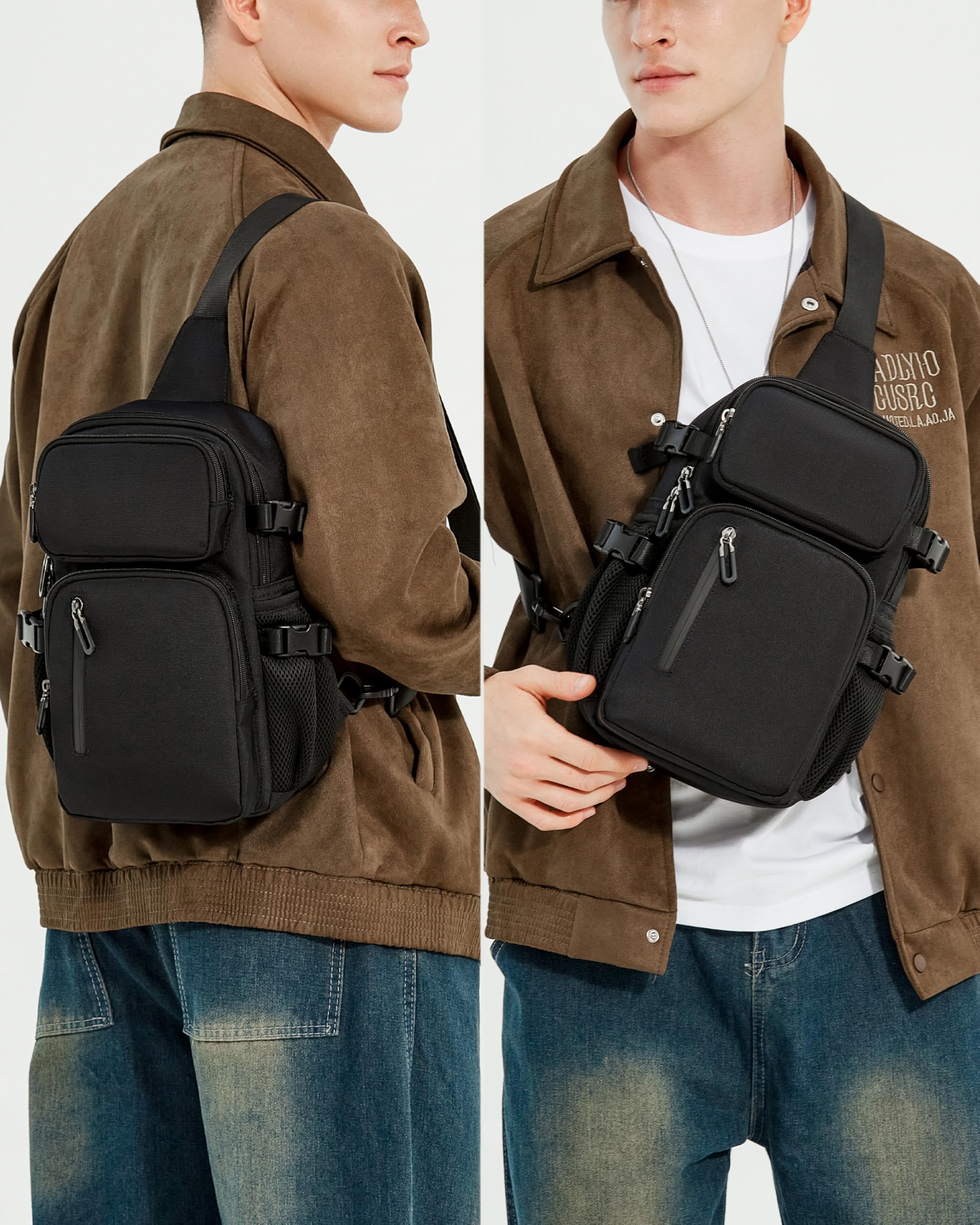 Zaino Monospalla sportivo da Uomo, Zainetto a Tracolla in nylon oxford resistente, Borsello a Petto con Tasca antifurto Crossbody Bag Nero