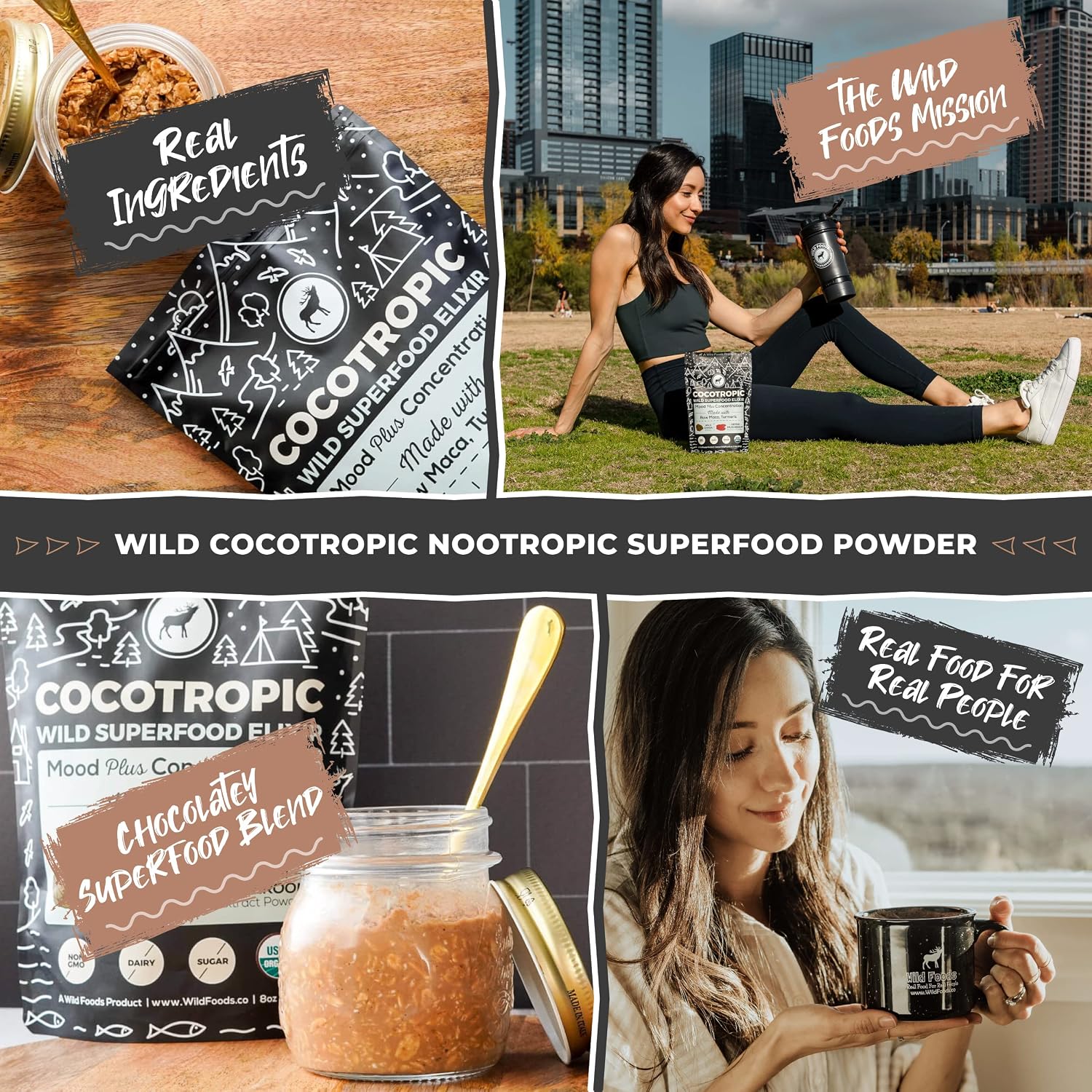 Wild Foods Wild Cocotropic Superfood Powder | Organic Raw Cacao with Reishi Mushroom Powder, Chaga Extract, Raw Maca, & Turmeric | Ground for Easy Brewing | Hot Chocolate Mix | 16 Ounce