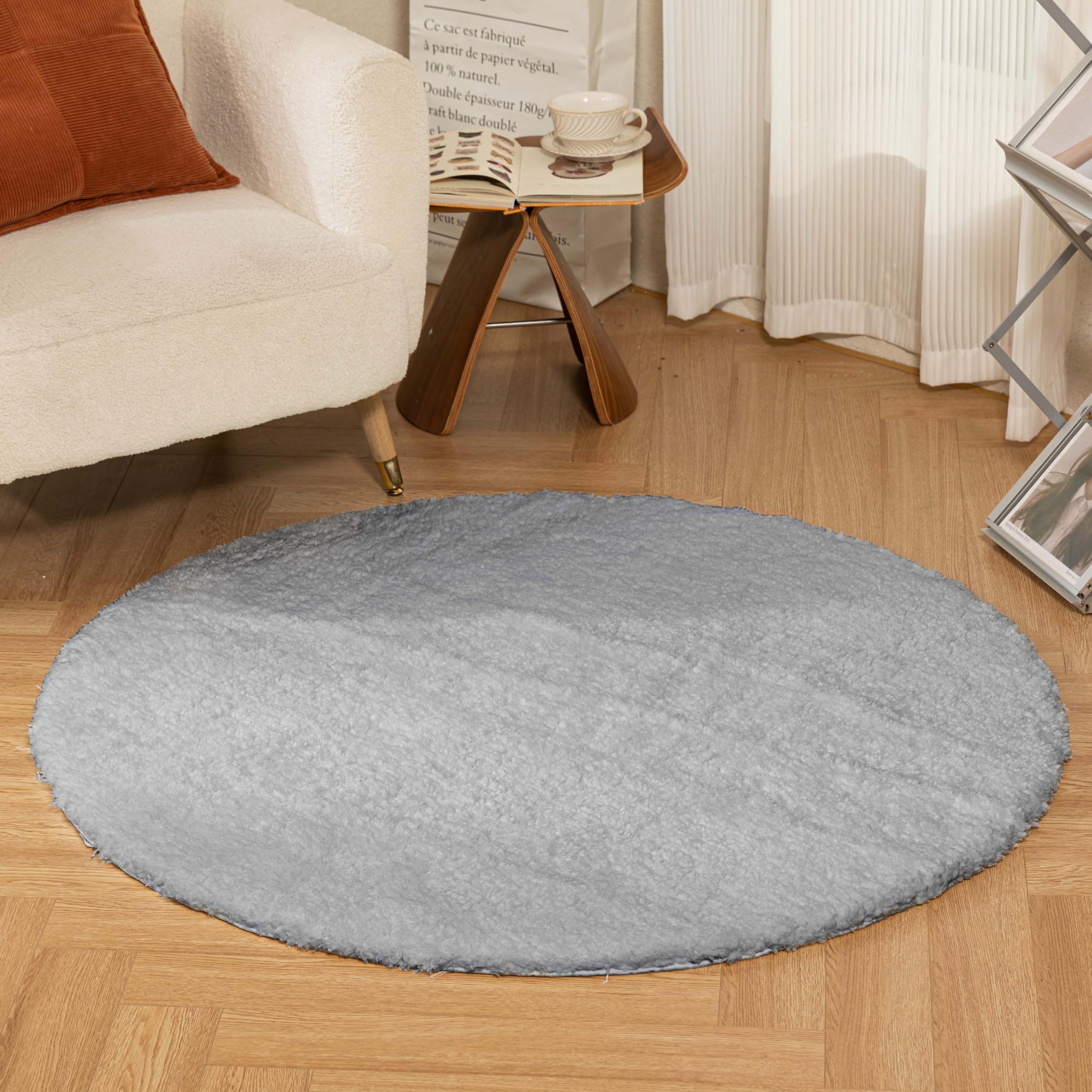 Latepis Tapis Rond 120 cm Gris Chambre Enfant Doux Tapis Salon de Bain Lavable Moelleux Antidérapant