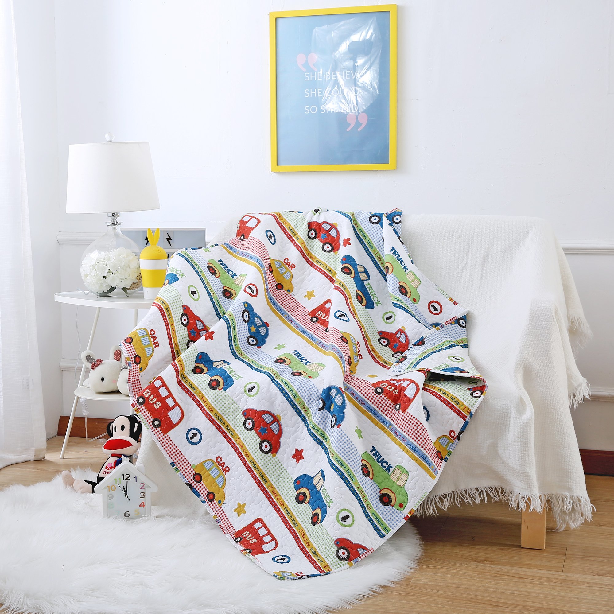 Ustide Boys Cars Kids Quilt Cover Quilt Blanket Reversible Cotton Quilted Throw Blankets 110X130cm, Cute Nursery Blanket