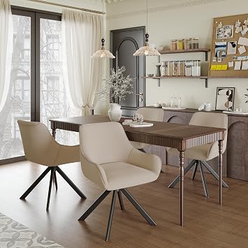 Swivel Dining Chairs Set of 6, 360° Swivel Kitchen Chair for Living Room with Armrests, Upholstered, Metal Leg, Beige