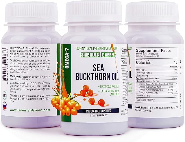 Siberian Sea Buckthorn Oil Capsules 200 Softgels | from Wild-harvested Siberian Sea Buckthorn Berries | Oil Cold Pressed Unrefined Gluten Free Non-GMO Premium Omega 7