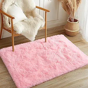 2x3 Fluffy Pink Area Rug - Soft Cute Shag Fuzzy Rug for Bedroom - Anti-Skid Living Room Girls Rug Pink Home Decor
