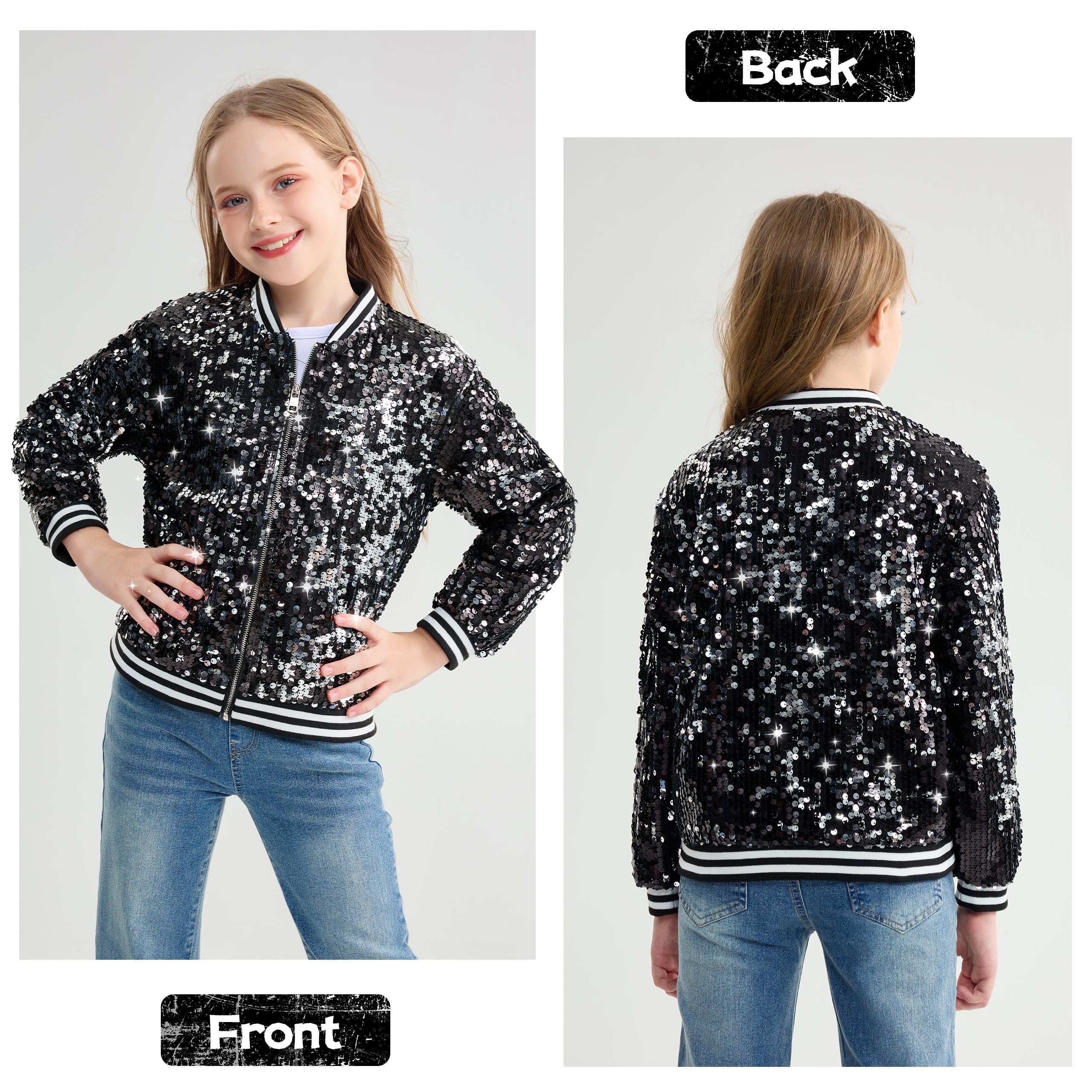 LOLANTA Blouson Bombardier à Poches Zippées à Paillettes pour Filles Veste de Baseball à Manches Longues pour Enfants