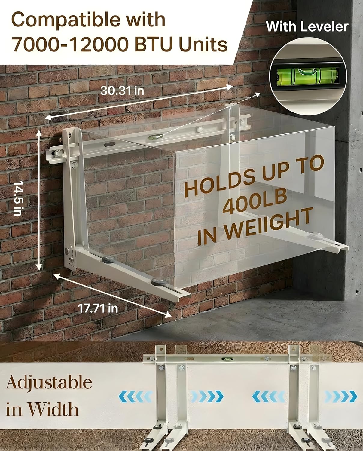 Heavy Duty Mini Split Wall Mounting Bracket, 400lb Load Capacity, Galvanized Steel with Dual Anti-Rust Coating, Adjustable Leveling Design, Anti-Vibration Pads, Fits 7000–12000 BTU Outdoor AC Units