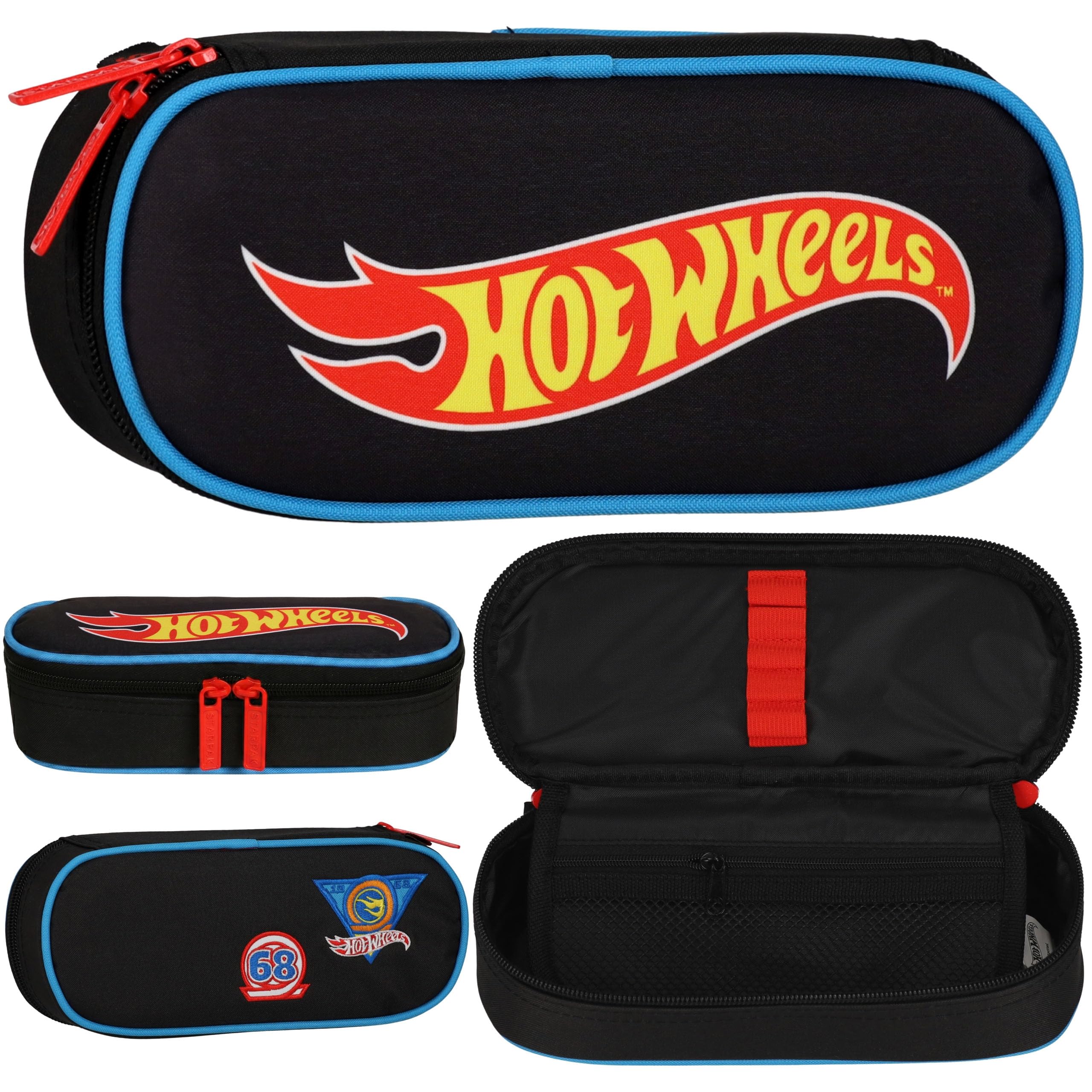 KOMOROWY piórnik szkolny dla GRACZA, saszetka OWAL dla chłopca (Hot Wheels, 5x22x10 cm)