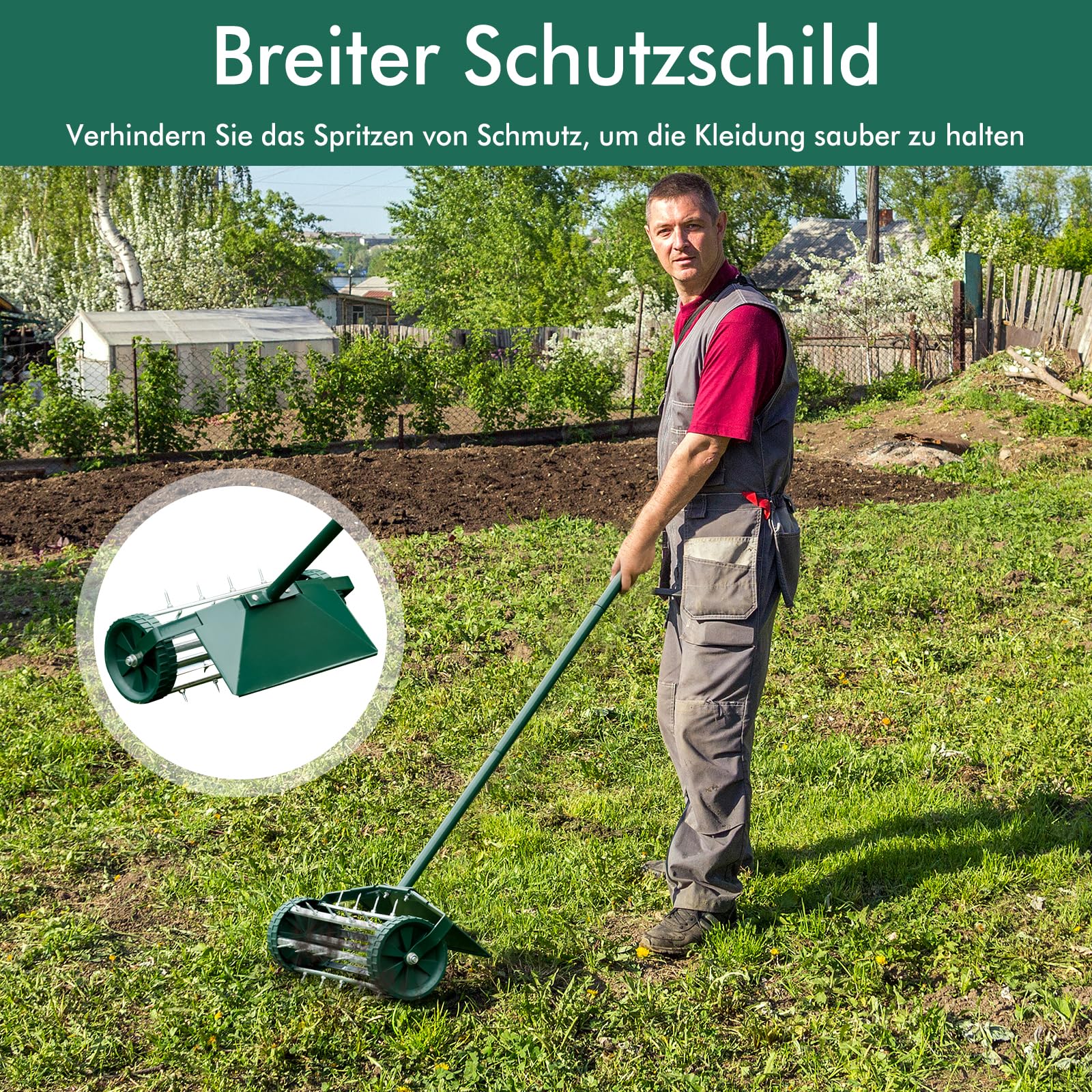 GOPLUS Handvertikutierer, Rasenlüfter mit 3cm Nägeln & breitem Schutzschild, Bodenbelüfter Manueller Aerifizierer für Garten, Terrasse, Hof, 46 x 23 x 127 cm