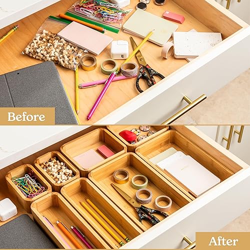 Vista 6 de SMIRLY Juego de organizador de cajones de cocina de bambú de 8 piezas para utensilios grandes y pequeños, caja de almacenamiento multiuso, baño