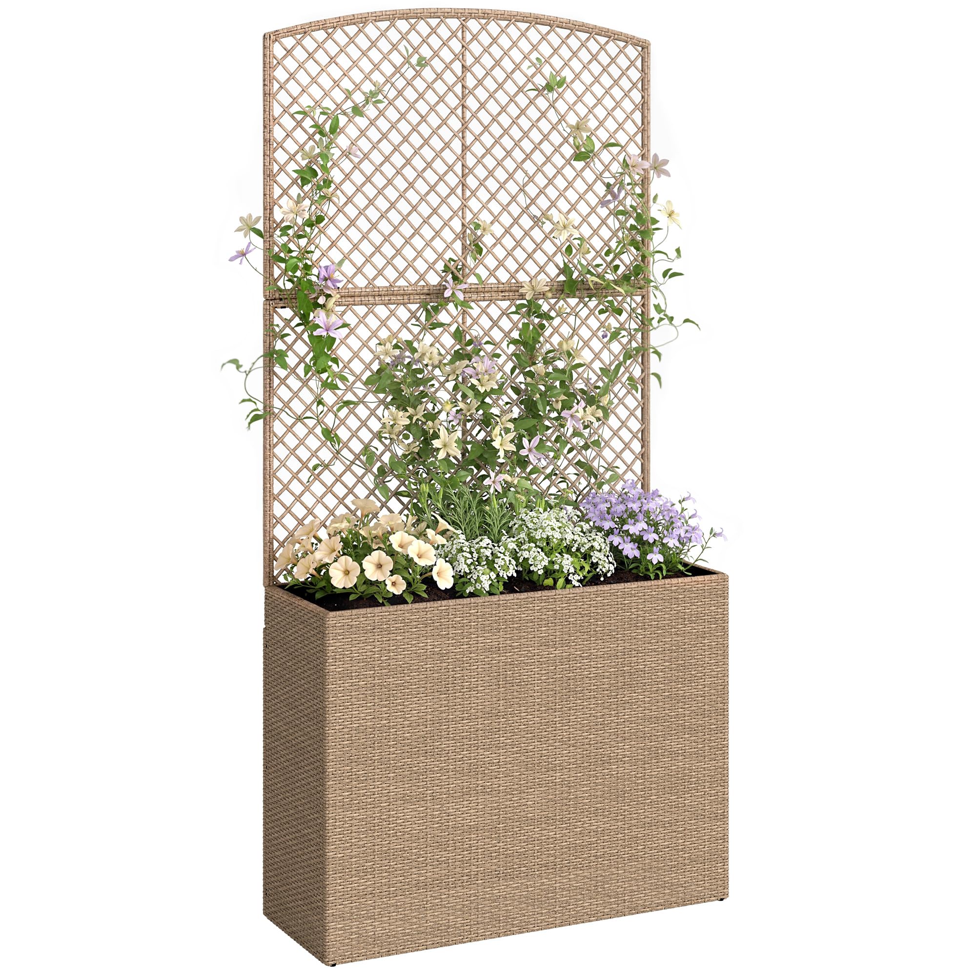 Outsunny Rattan Garden Planter With Trellis And Liner, Light/Grey