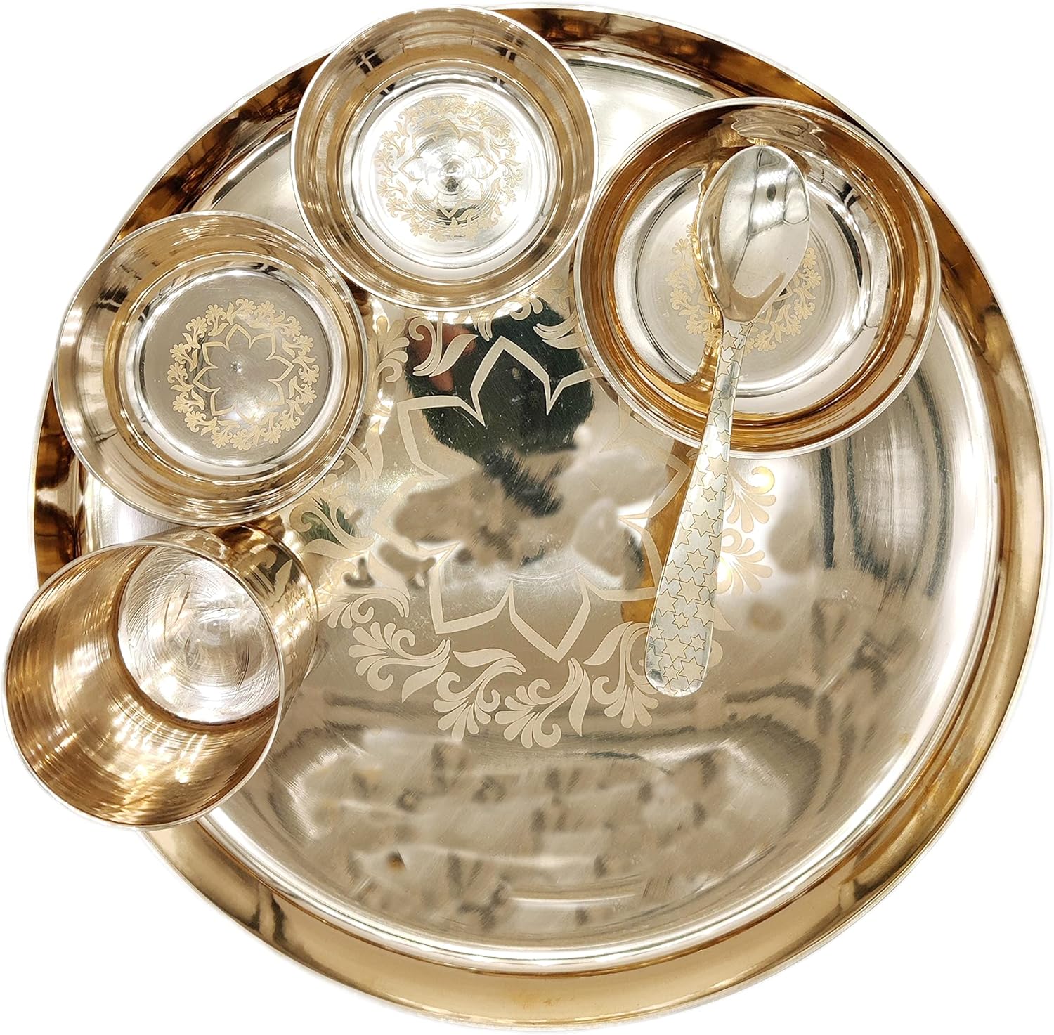 Kansa Thali Set/Bronze Thali Set for Kitchen Beautiful Flower Carving Thali Set (11 Inch)