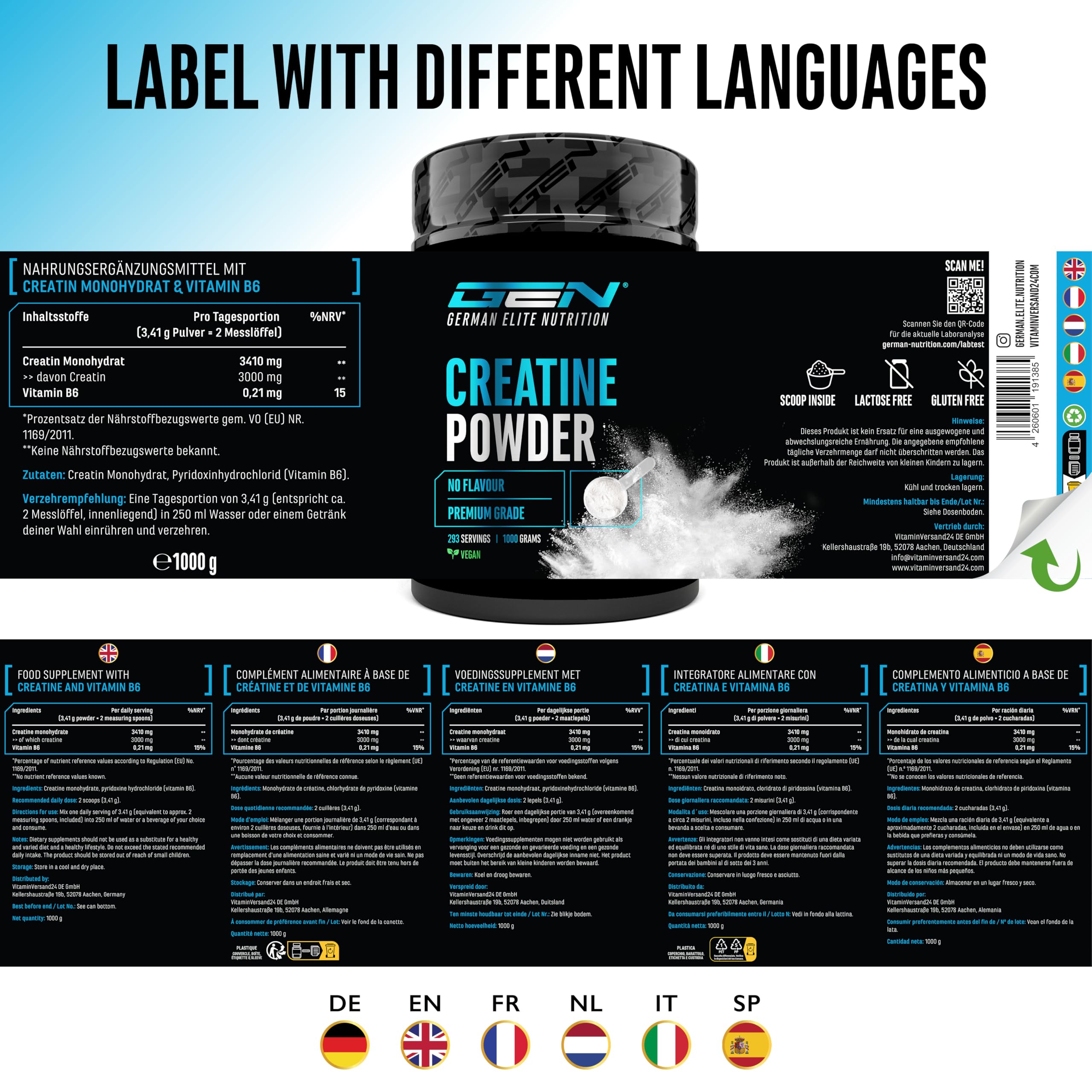 Creatin Pulver - 1kg / 1000 g - Creatine Monohydrat Pulver - Optimale Löslichkeit & mikrofein - Vegan - 293 Anwendungen - German Elite Nutrition | 293 Portionen, mikrofein löslich, Mesh Faktor 200, vegan, ohne Zusätze