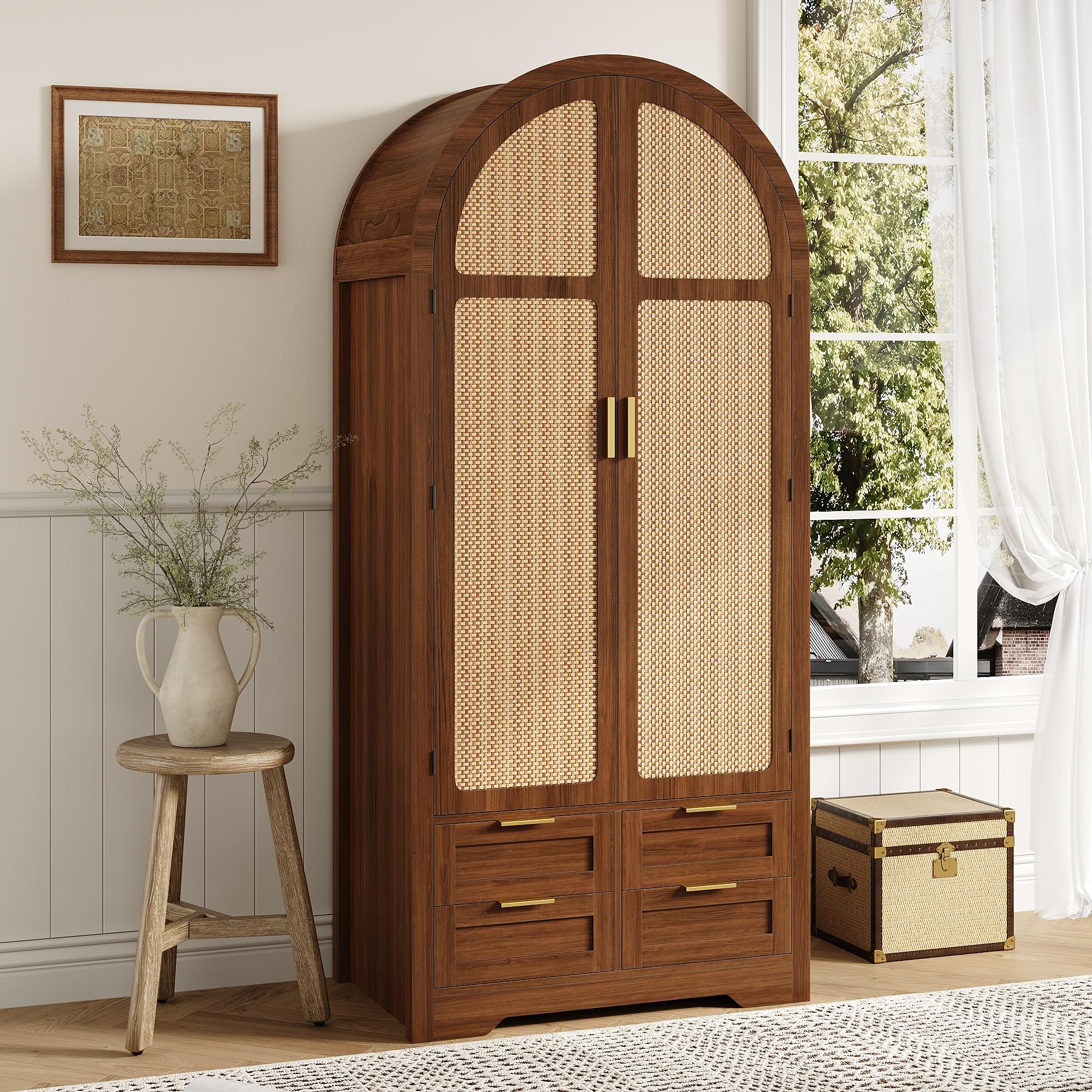 Armario Moderno con Puertas Curvas,Amplio Espacio de Almacenamiento,con Barra para Colgar y cajones,Armario de Lujo,Adecuado para dormitorios y áreas de Entrada (B)