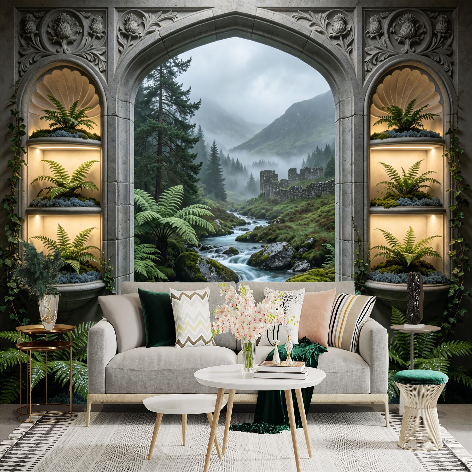 Lnzczhyre Dbh260521448 Custom Size Wall Sticker Mural， Gothic Stone Window View， Misty Highland Forest， Flowing River Landscape， Green Ferns And Moss， For Wall Decoration， Peelandstick Wall Decals.