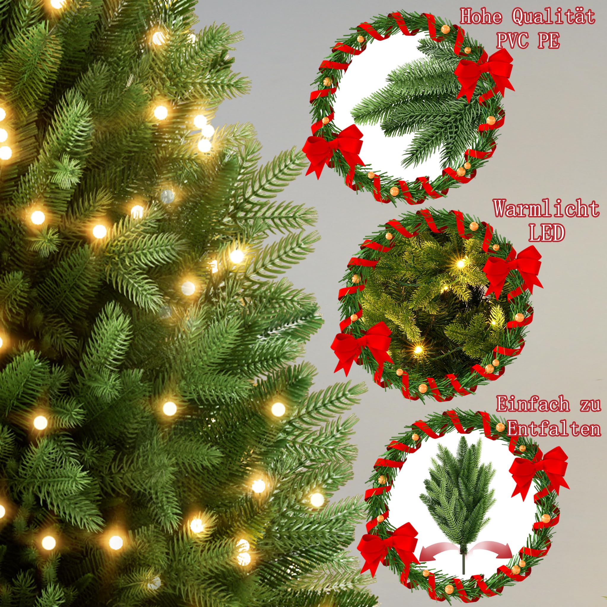 FIVMEN Weihnachtsbaum Künstlich mit Beleuchtung 150 cm PVC/PE Tannenbaum Christbaum Naturgetreu mit Holzsockel Weihnachtsbäume Christmas Tree Weihnachtsdeko